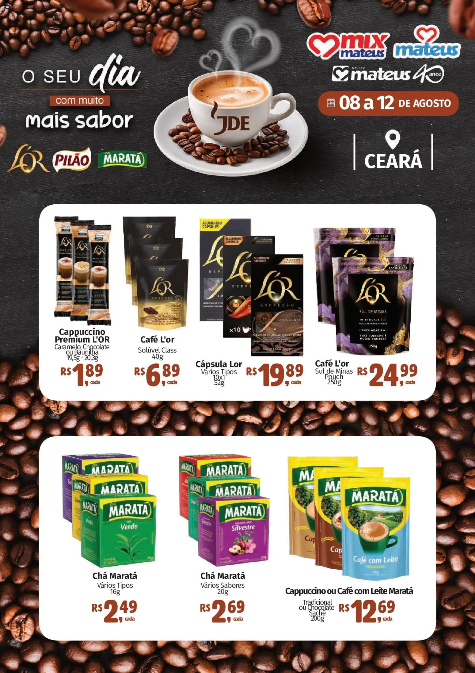 Pré-Visualização do folheto "Mateus ofertas JDE" da loja Mateus válido a partir de 08/08/2026 - Café, Chocolate, Leite, Chá, Baunilha, Cappuccino