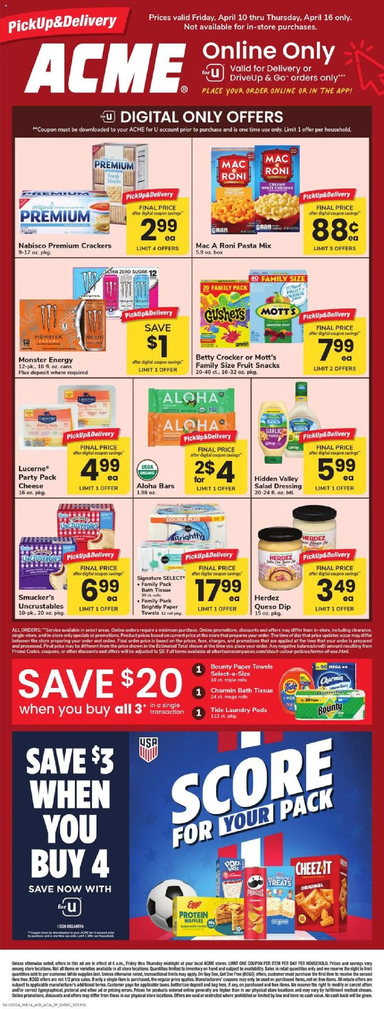 Ad Preview of Acme Acme Specialty Publication from 04/10/2026 - Box, Salad, Dressing, Sugar, Bath, Garlic, Paper towels, Laundry pods
