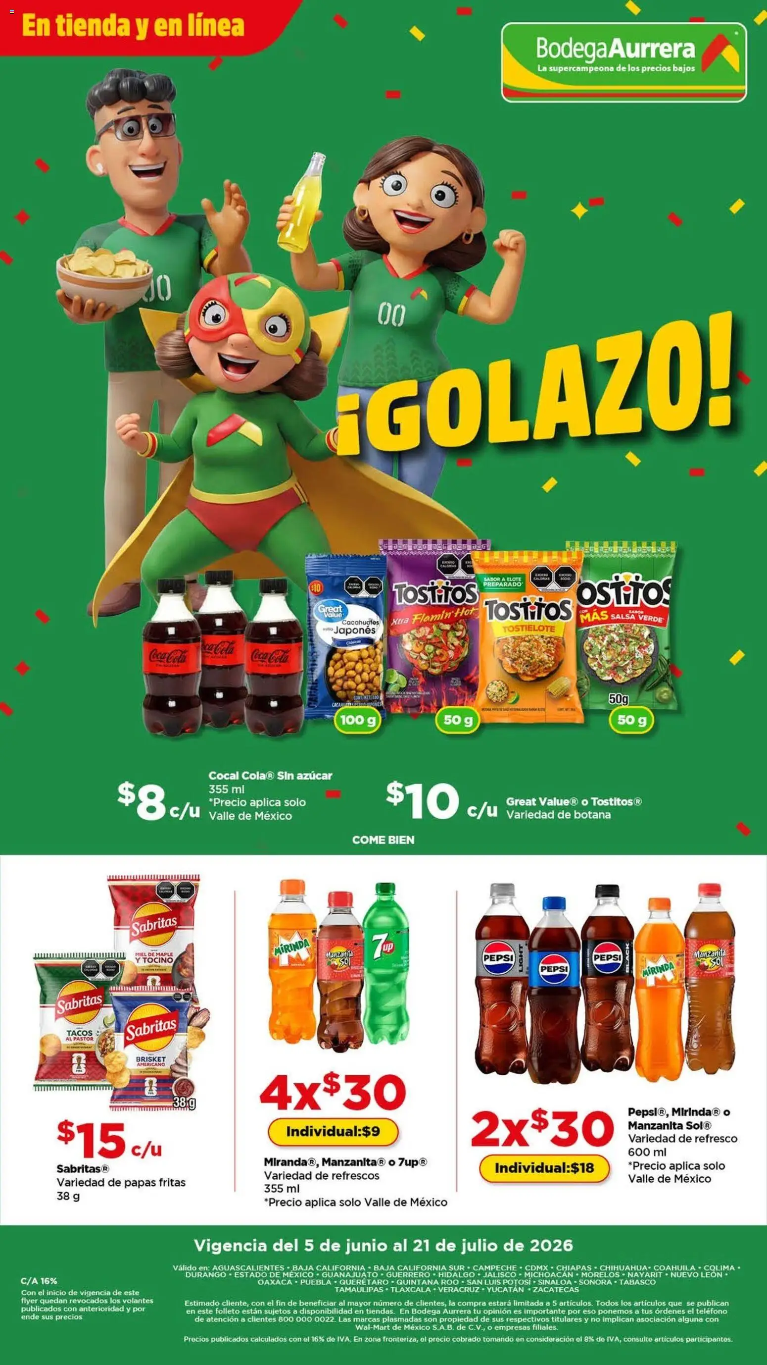 Vista previa las ofertas de la tienda Bodega Aurrerá - Bodega Aurrerá folleto Golazo desde el 05/06/2026 - Papas, Azúcar, Cacahuates, Cacahuate, Refresco, Miel, Papas fritas, Tocino