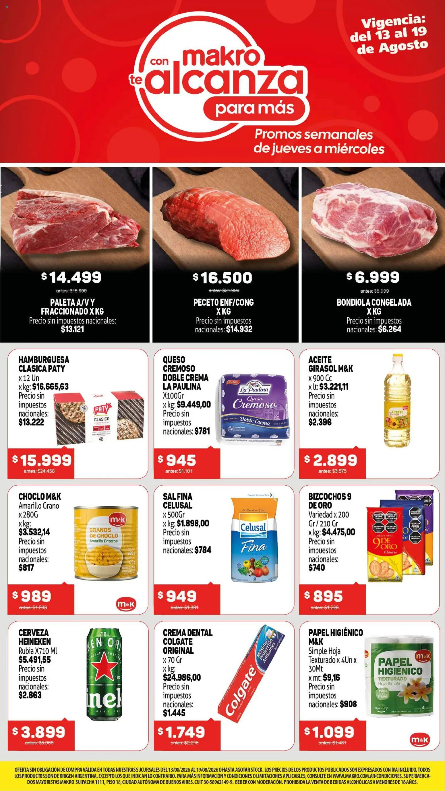 Vista previa del folleto de la tienda Makro válido desde el 13/08/2026 - Hamburguesa, Cerveza, Bebidas, Aceite, Heineken, Crema, Papel higiénico, Sal