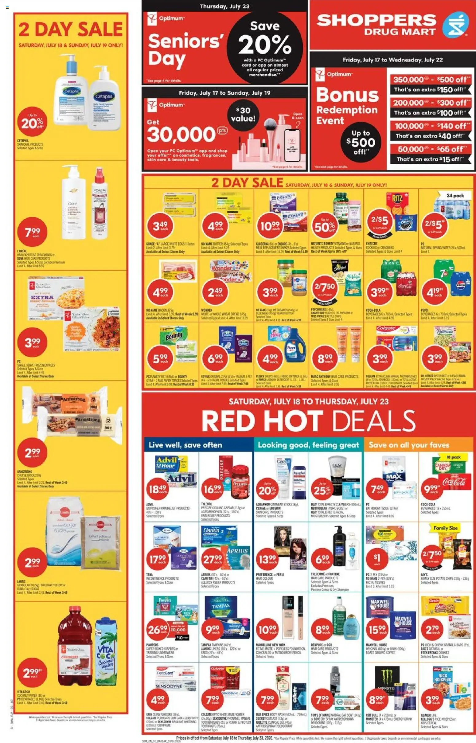 Preview of leaflet Shoppers weekly flyer / circulaire from shop Shoppers is valid from Jul 17, 2026 - Coffee, Cookies, Water, Pepsi, Bacon, Soap, Crackers, Roast