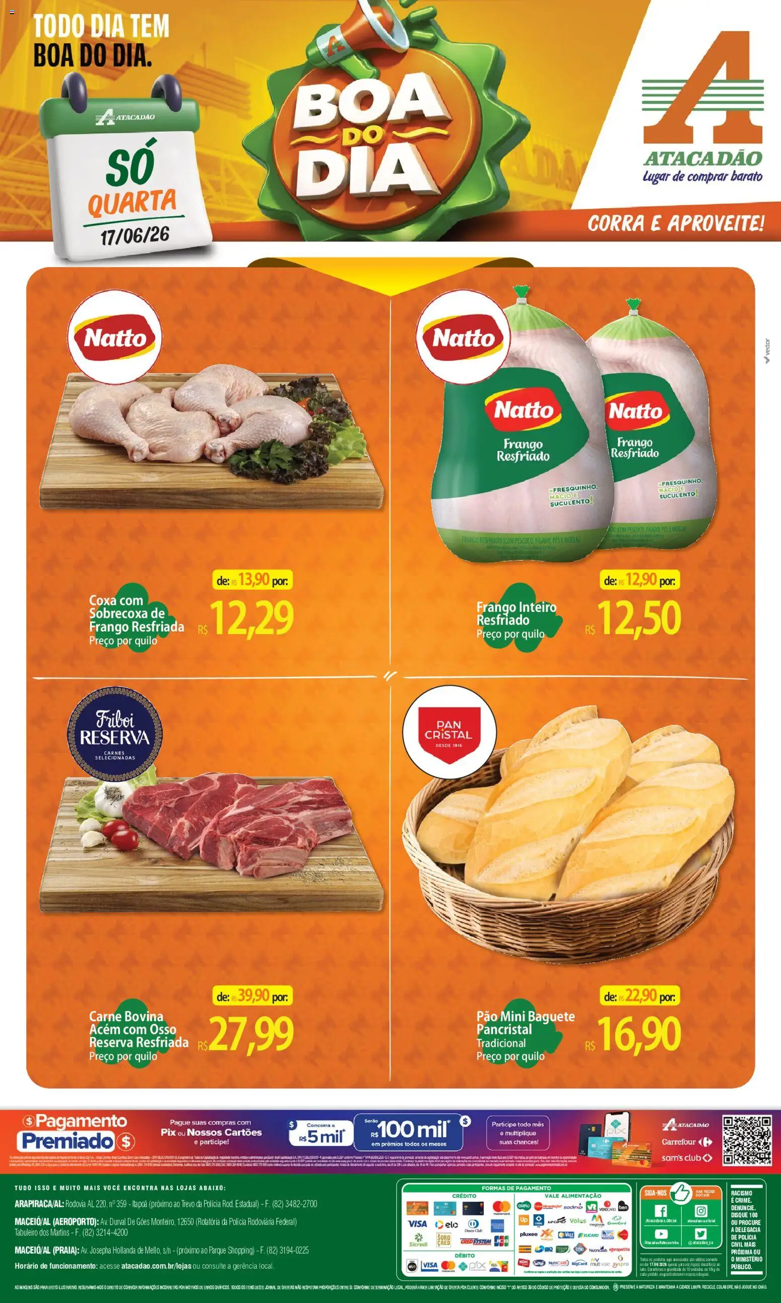 Pré-Visualização do folheto "Atacadão ofertas - AL" da loja Atacadão válido a partir de 17/06/2026 - Pão, Carne, Frango, Moela, Carne bovina, Acém, Frango inteiro, Frango resfriado