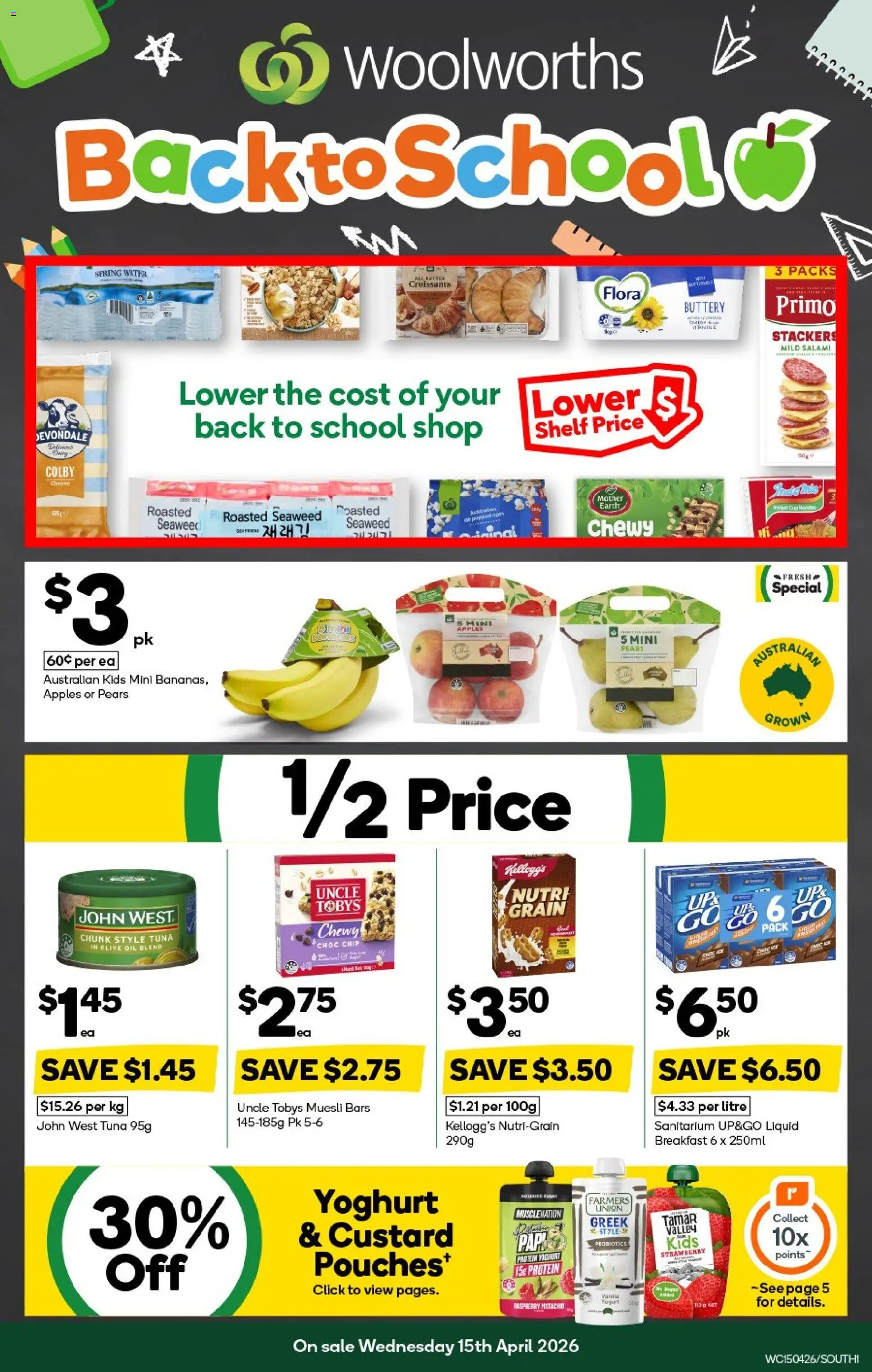 Preview of catalogue Woolworths catalogue NSW South from shop Woolworths valid 15/04/2026 - Shelf, Protein, Yoghurt, Salami, Olive oil, Water, Pears, Muesli
