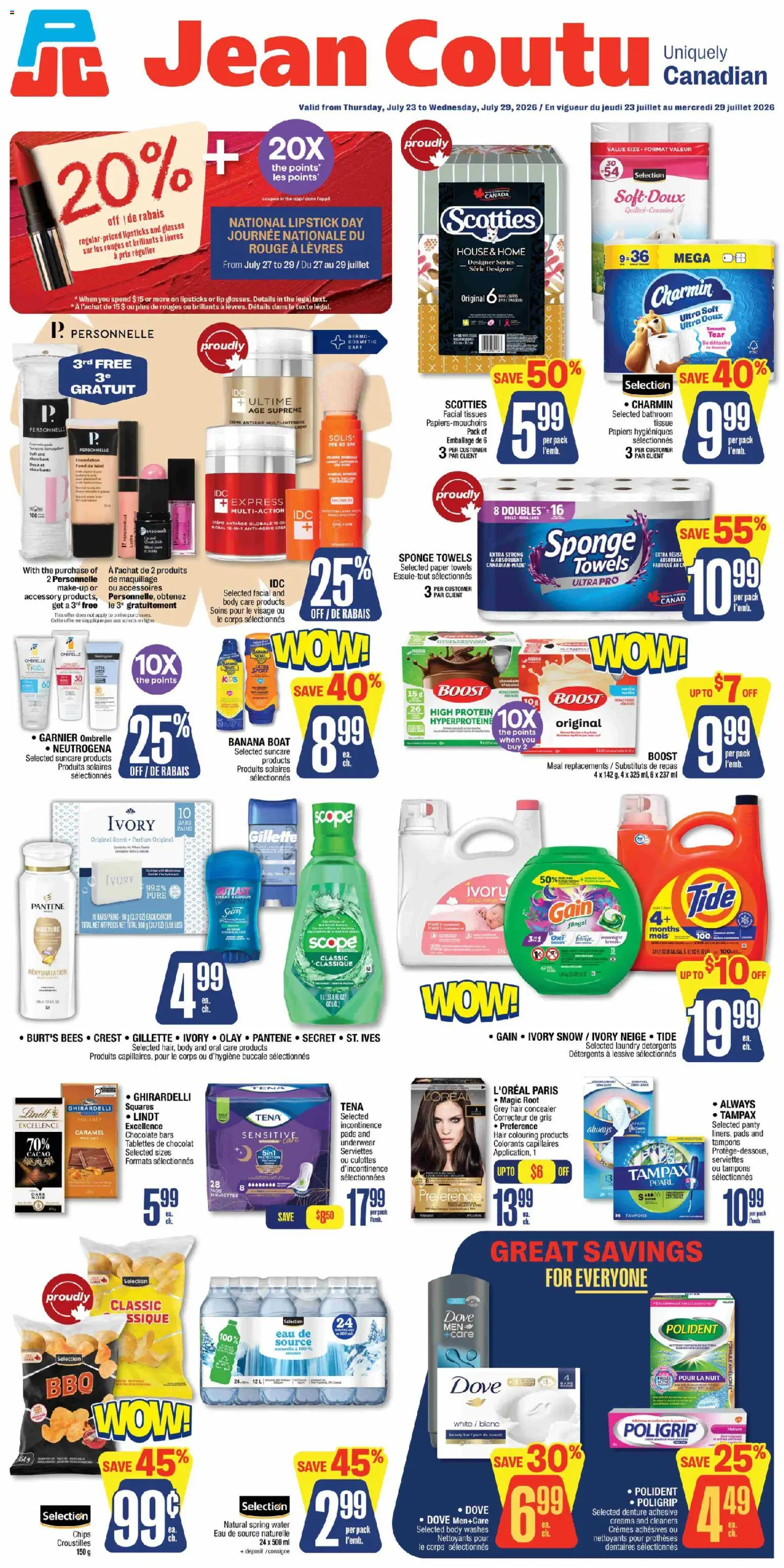 Preview of leaflet Jean Coutu weekly flyer from shop Jean Coutu is valid from Jul 23, 2026 - Water, Chocolate, Chips, Spring water, Concealer, Paper towels, Sponge, Tissues