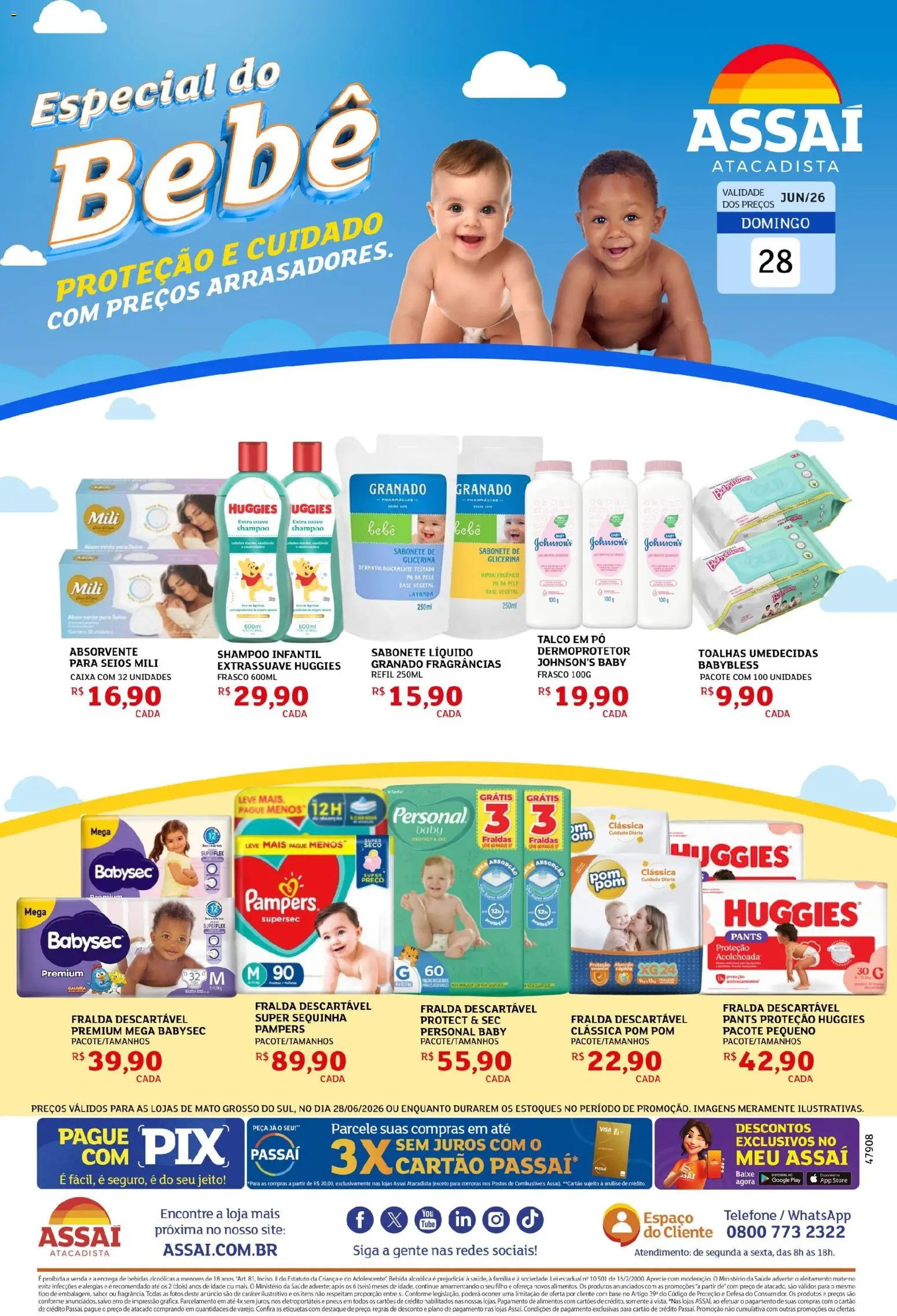 Pré-Visualização do folheto "Assaí Atacadista ofertas - MS" da loja Assaí Atacadista válido a partir de 28/06/2026 - Caixa, Shampoo, Fraldas, Absorvente, Bebidas, Sabonete, Sabonete líquido, Alimentos
