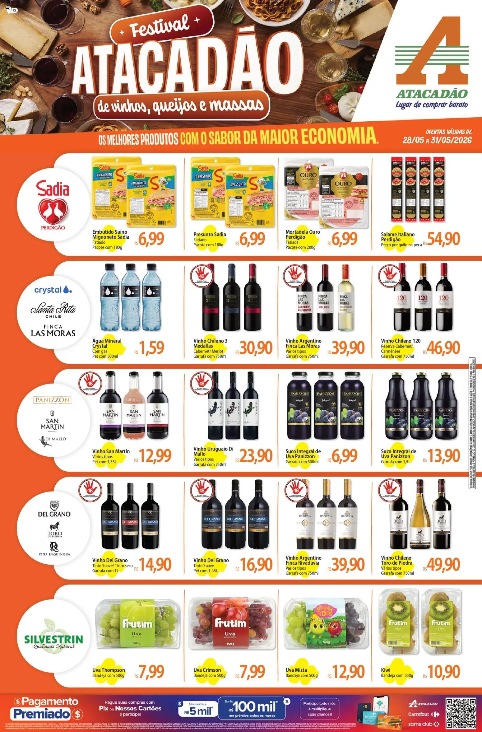 Pré-Visualização do folheto "Atacadão ofertas - RS" da loja Atacadão válido a partir de 28/05/2026 - Água, Vinho, Kiwi, Uva, Salame, Mortadela, Presunto, Bandeja