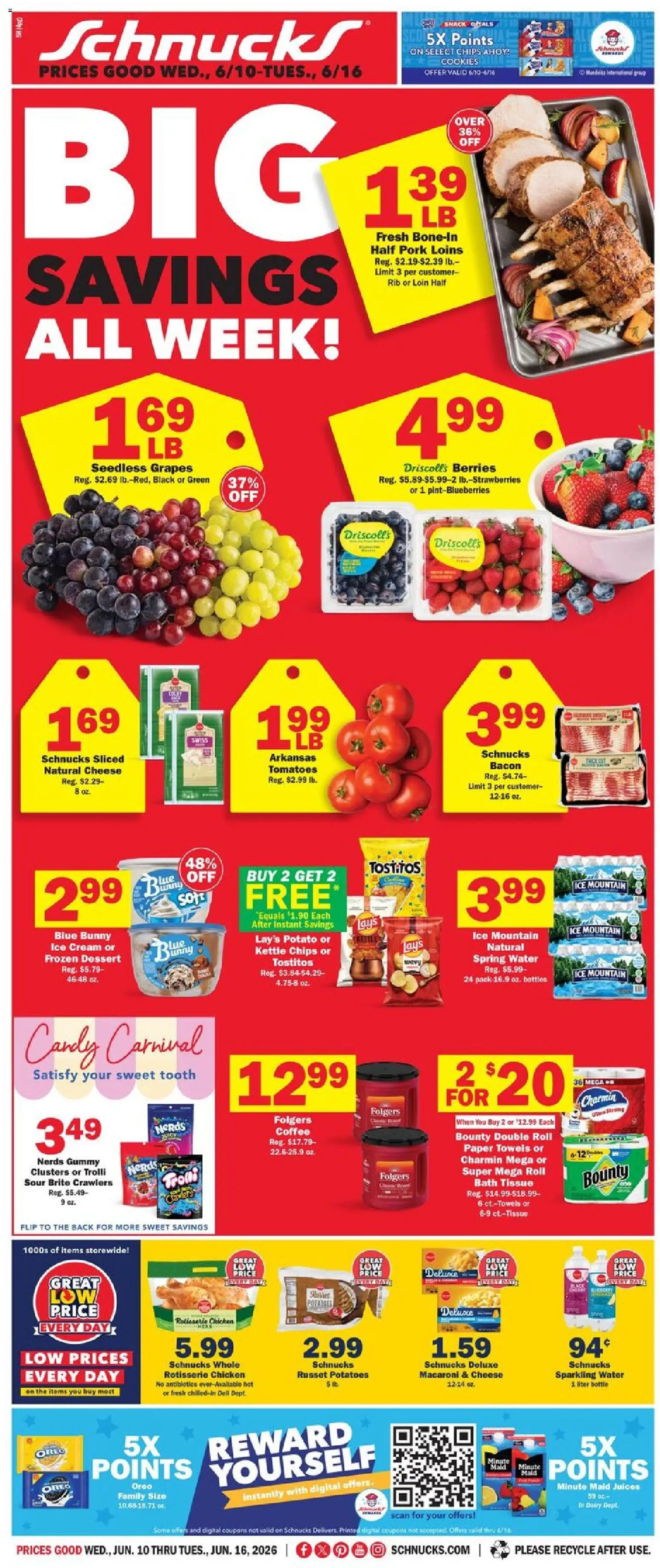Ad Preview of Schnucks Schnucks Weekly Print Ad - IL from 06/10/2026 - Coffee, Ice, Candy, Grapes, Bath, Cream, Berries, Paper towels