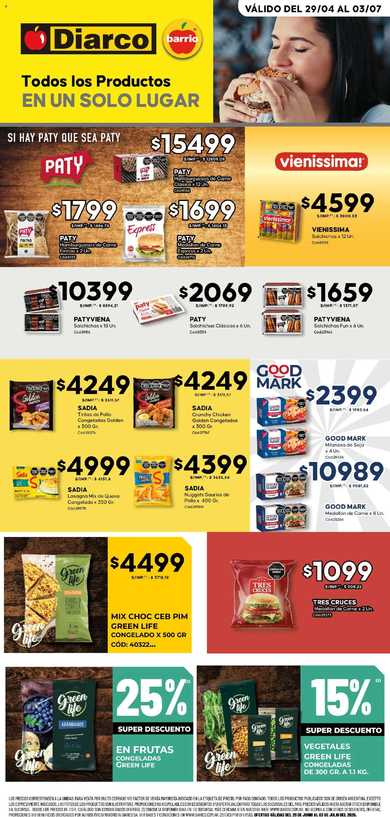 Vista previa del folleto de la tienda Diarco válido desde el 29/06/2026 - Milanesas, Pollo, Queso, Carne, Arándanos, Arvejas, Cebolla, Salchichas