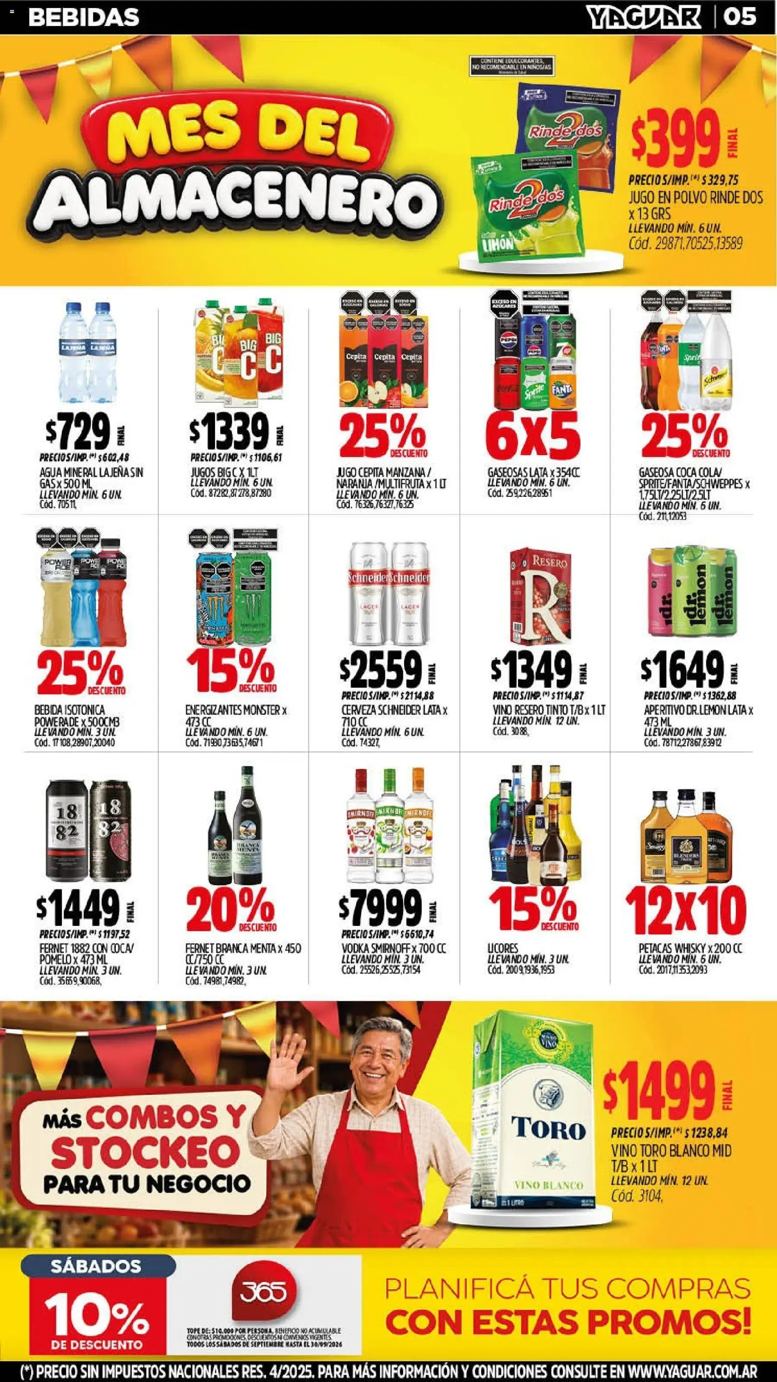 Vista previa del folleto de la tienda Yaguar válido desde el 14/09/2026 - Fernet, Cerveza, Vodka, Manzana, Limón, Pomelo, Jugo, Polvo