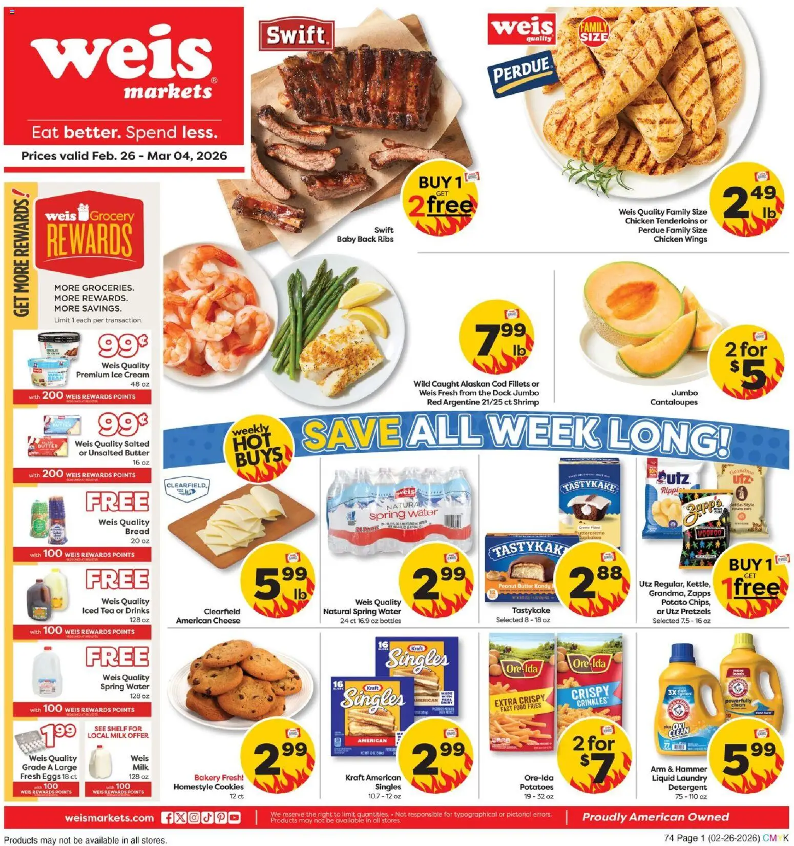 Ad Preview of Weis Weekly Circular - DE from 02/26/2026 - Ice cream, Bakery, Bread, Chicken wings, Cantaloupes, Butter, Peanut butter, Spring water