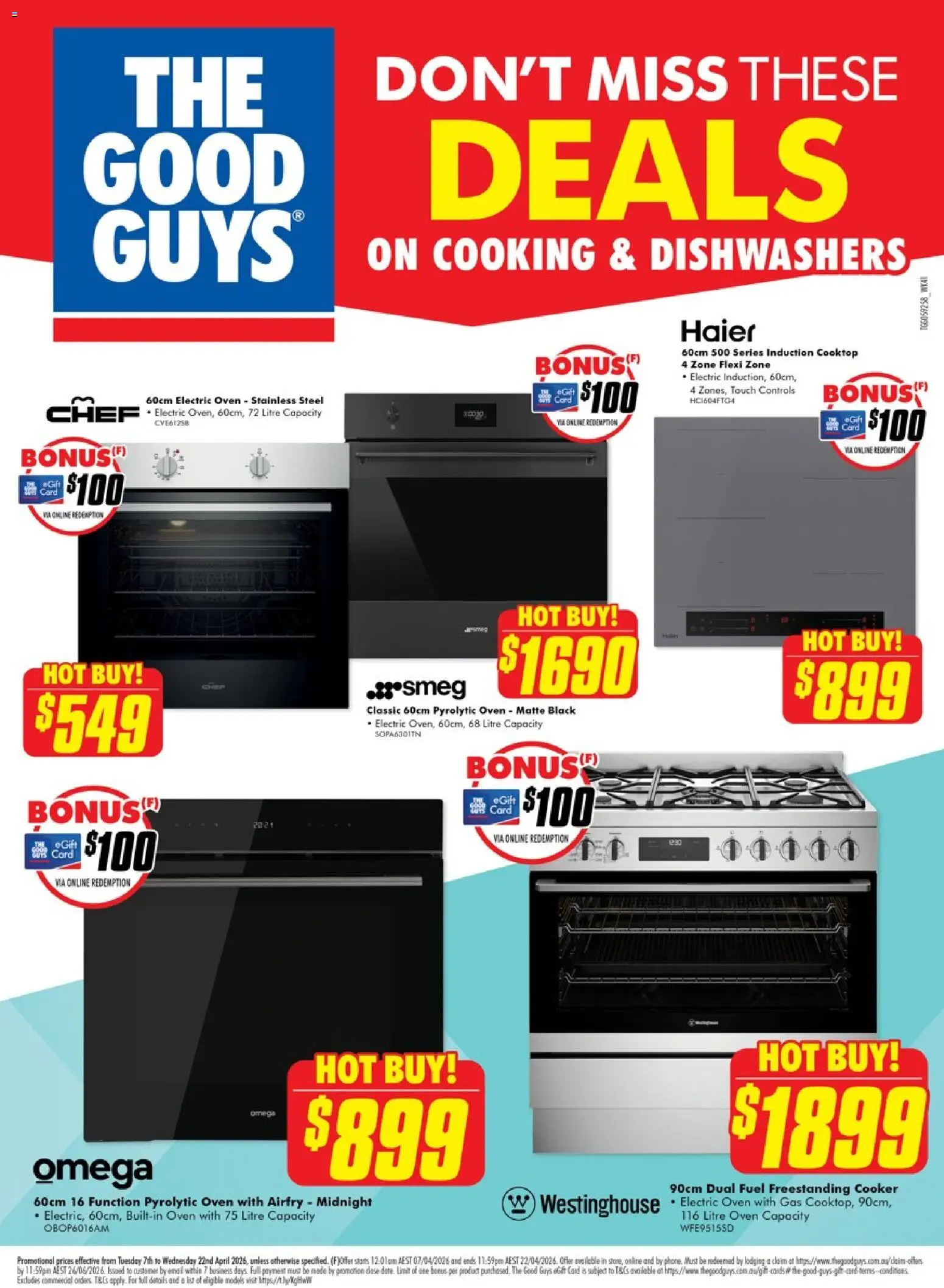 Preview of catalogue The Good Guys Don’t Miss These Deals - Cooking from shop The Good Guys valid 06/04/2026 - Cooker, Omega, Oven, Cooktop