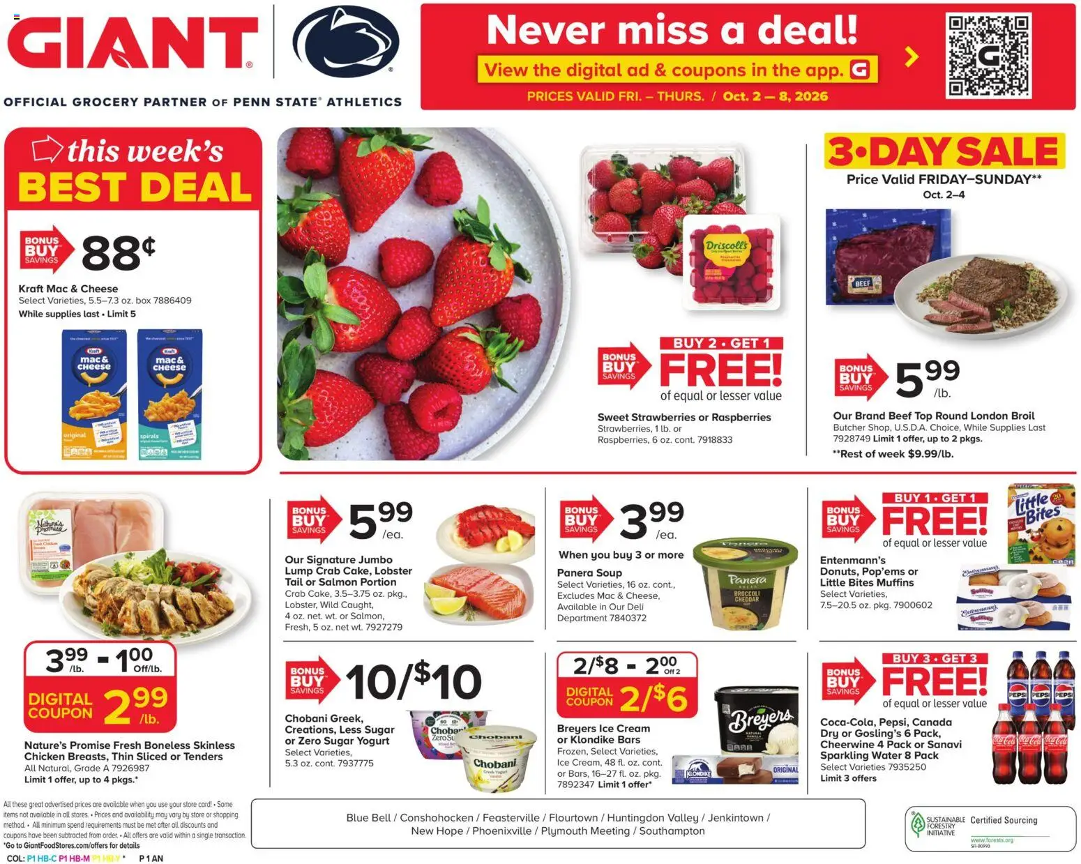 Ad Preview of Giant Giant Weekly Ad from 10/02/2026 - Water, Box, Strawberries, Yogurt, Pepsi, Sugar, Muffins, Chicken