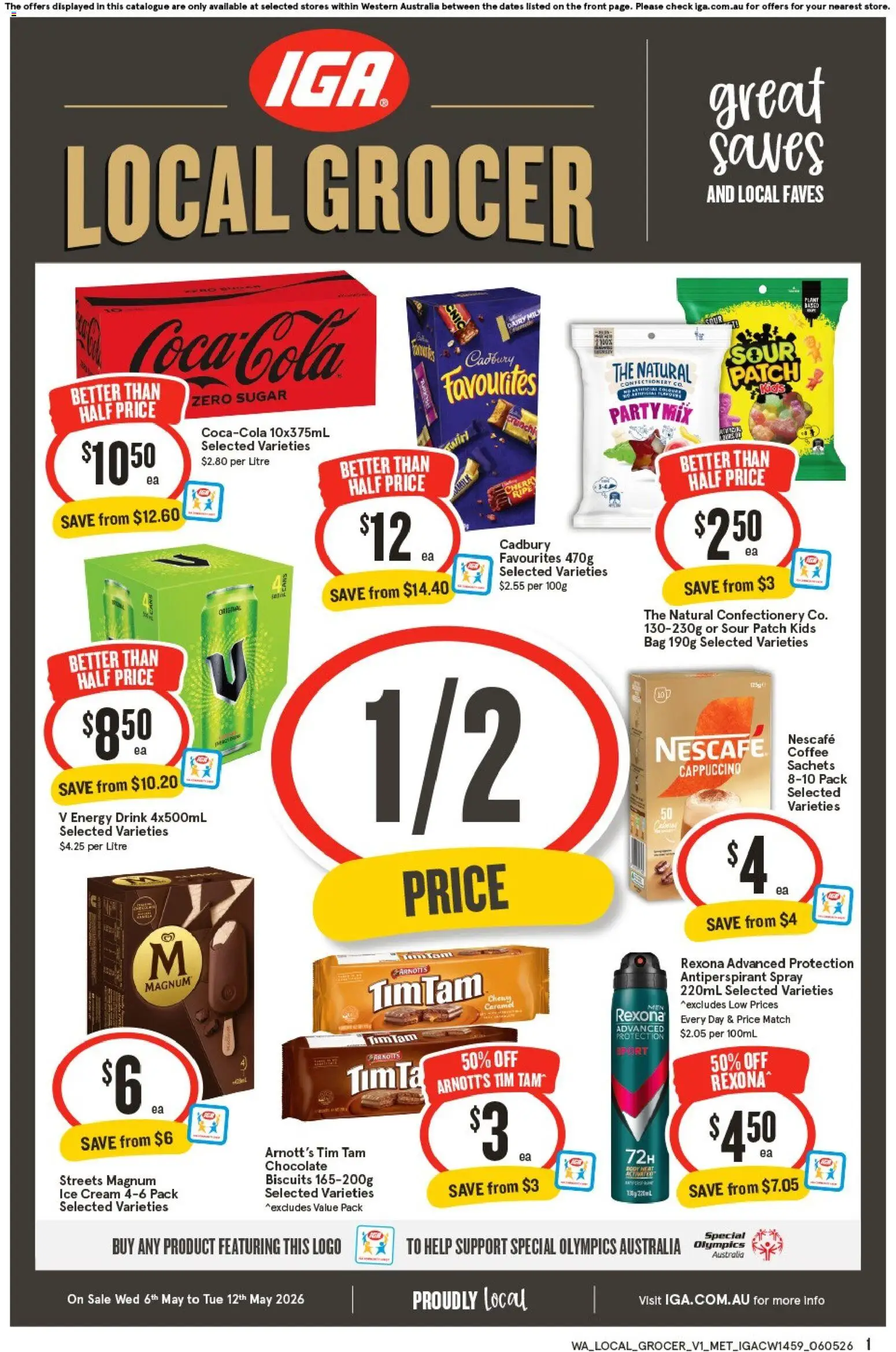 Preview of catalogue IGA Local Grocer WA from shop IGA valid 06/05/2026 - Confectionery, Energy drink, Coffee, Antiperspirant, Sachets, Cream, Sugar, Nescafe