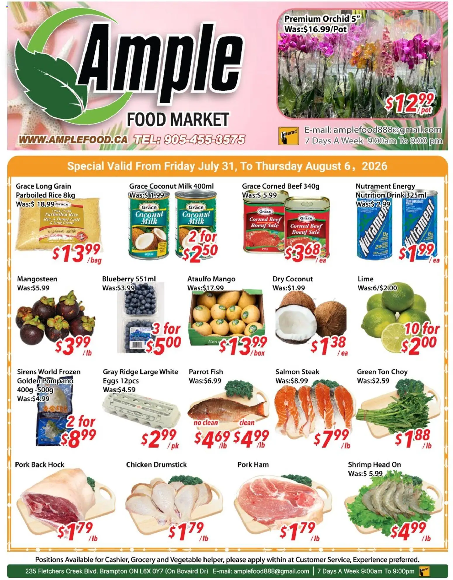 Preview of leaflet Ample Food Market weekly flyer / circulaire from shop Ample Food Market is valid from Jul 31, 2026 - Fish, Steak, Salmon, Orchid, Milk, Coconut, Pork, Coconut milk