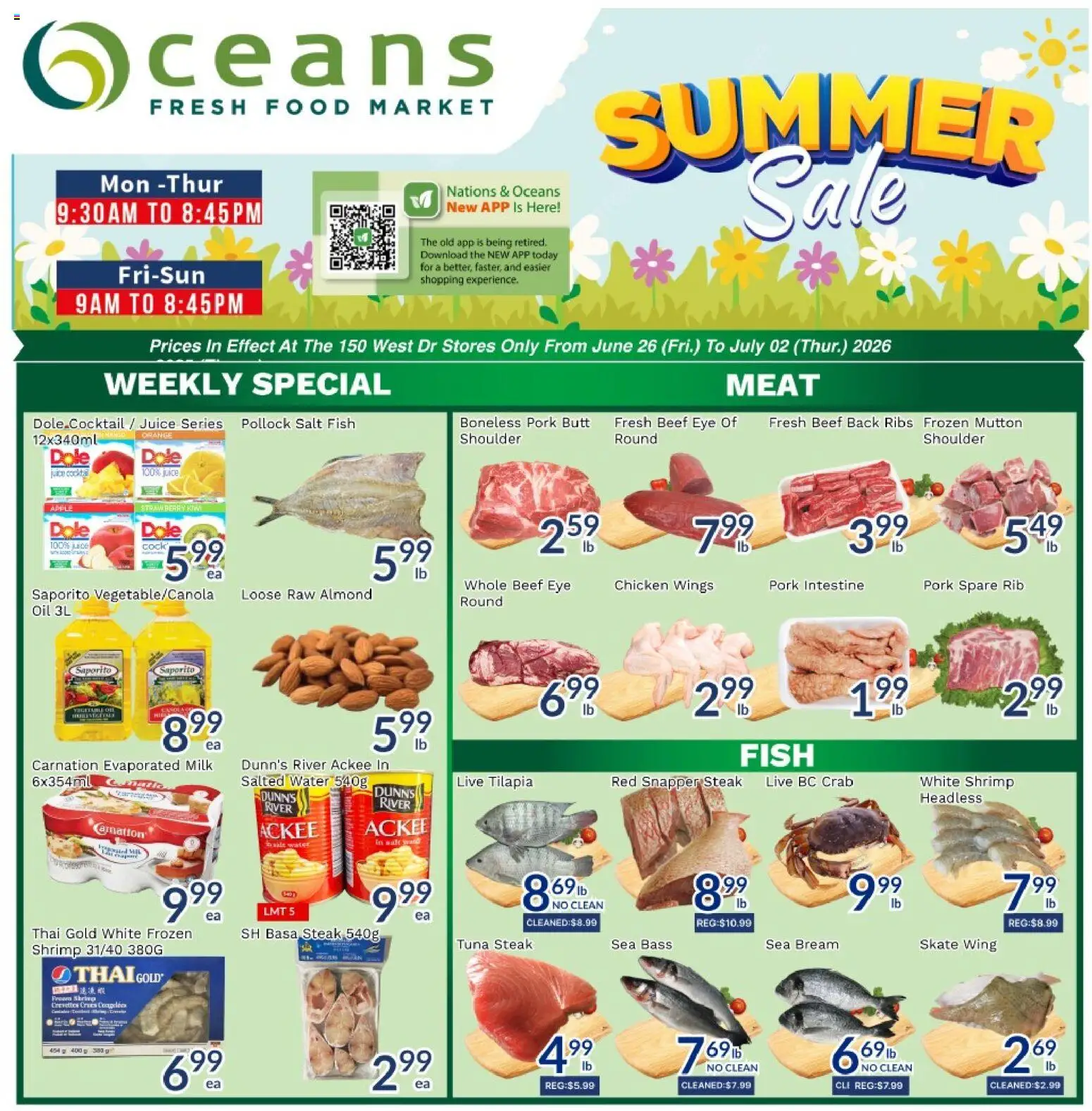 Preview of leaflet Oceans weekly flyer / circulaire from shop Oceans is valid from Jun 26, 2026 - Food, Fish, Steak, Water, Cocktail, Chicken wings, Oil, Tuna steak