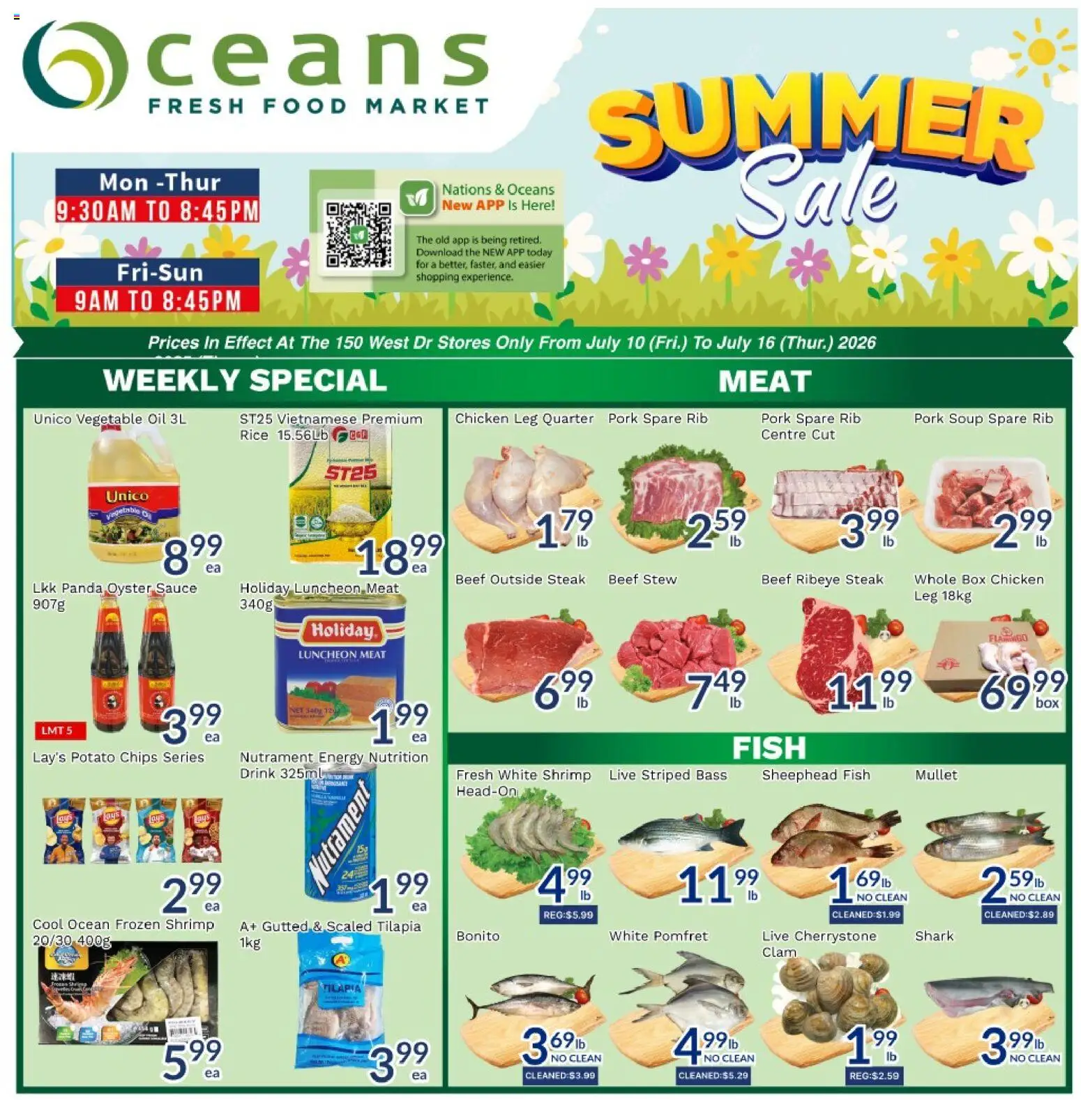 Preview of leaflet Oceans weekly flyer - Brampton from shop Oceans is valid from Jul 10, 2026 - Chicken, Fish, Steak, Box, Rice, Beef, Vegetable oil, Frozen shrimp