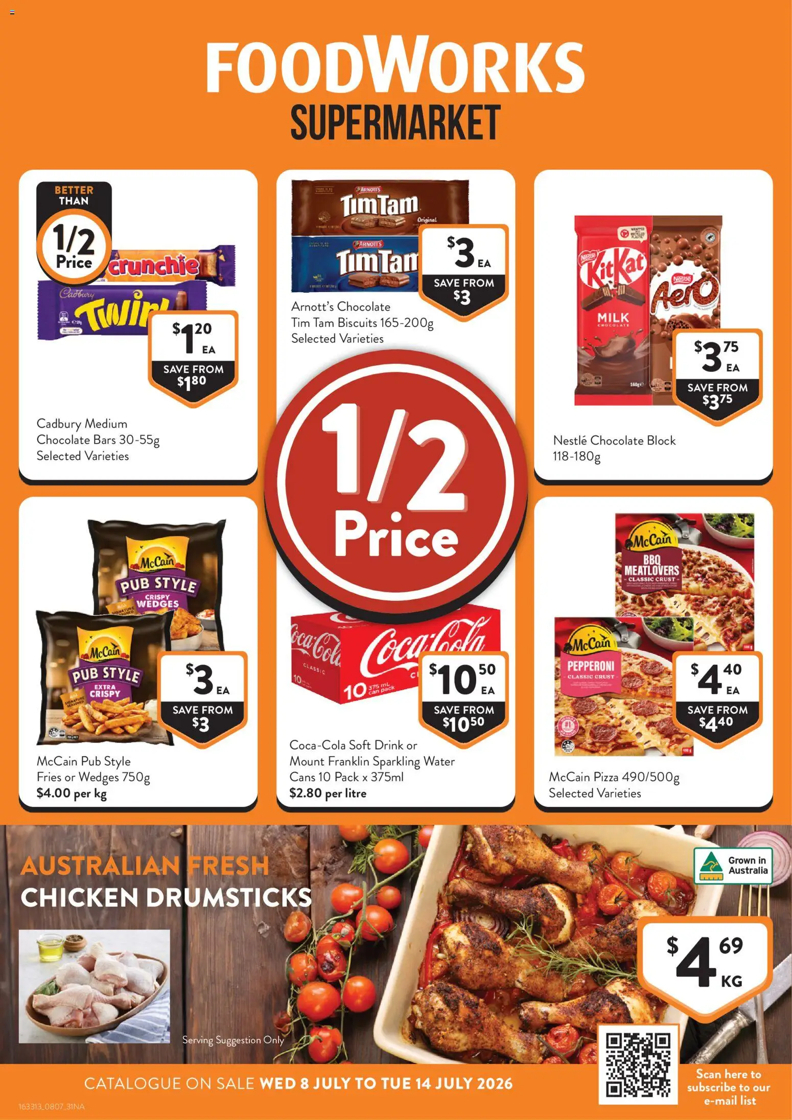 Preview of catalogue Foodworks catalogue from shop Foodworks valid 08/07/2026 - Fries, Milk, Chocolate, Pizza, Chicken, Chicken drumsticks, Coca Cola, Drumsticks