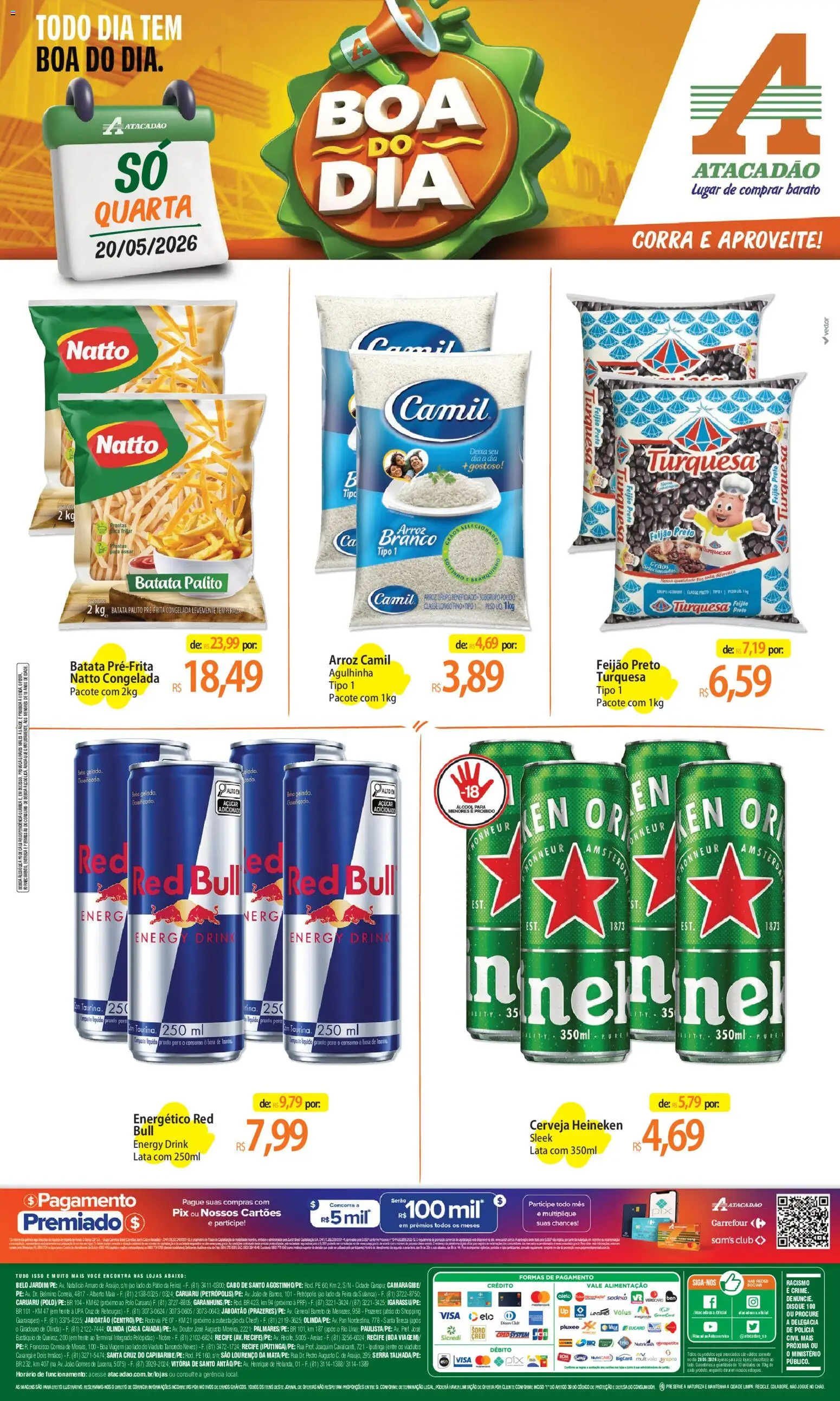 Pré-Visualização do folheto "Atacadão ofertas - PE" da loja Atacadão válido a partir de 20/05/2026 - Heineken, Bebida, Feijão, Batata, Açúcar, Energético, Pó, Cabo