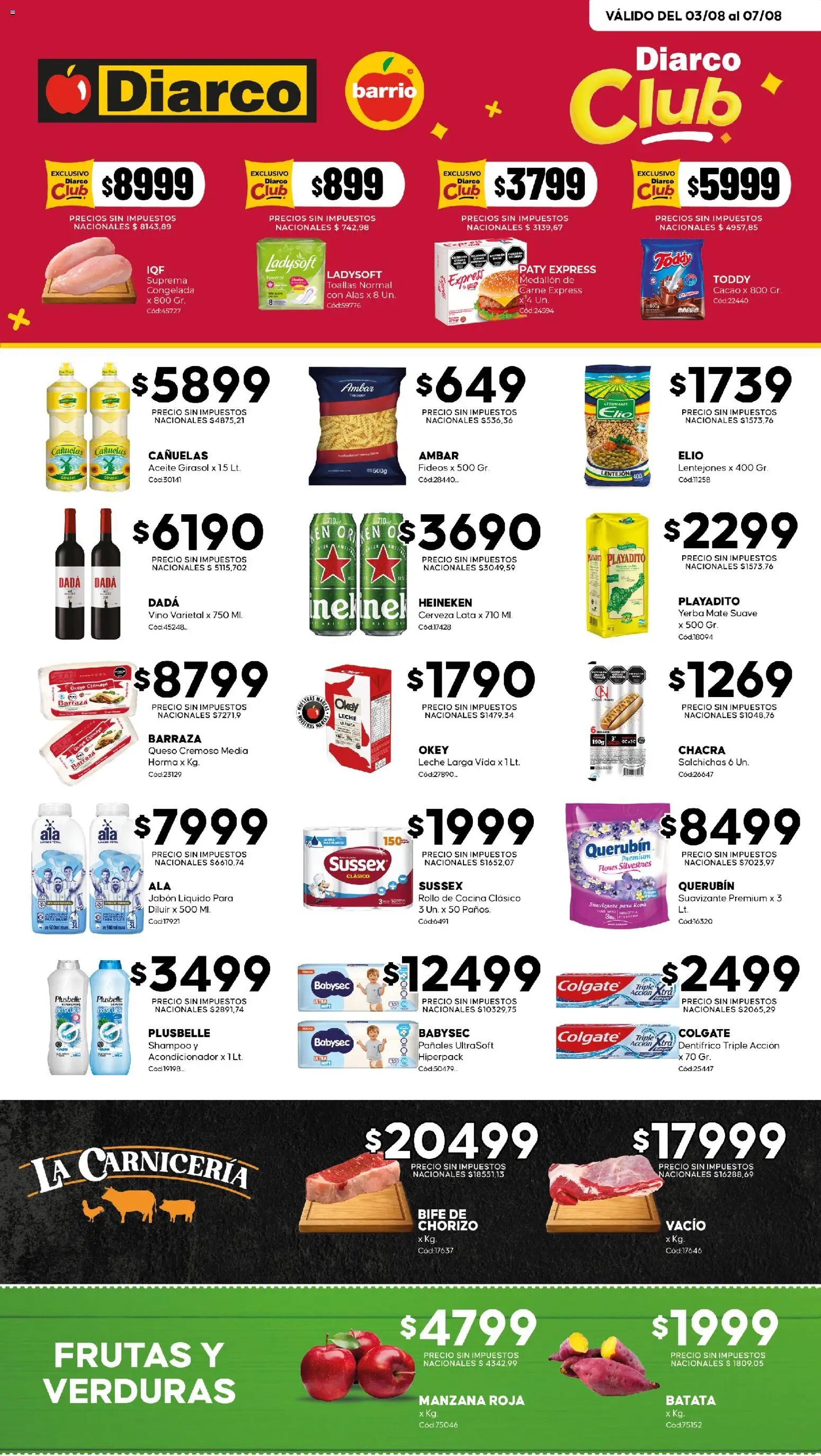 Vista previa del folleto de la tienda Diarco válido desde el 03/08/2026 - Flores, Carne, Heineken, Chorizo, Cacao, Bife, Salchichas, Suavizante para ropa