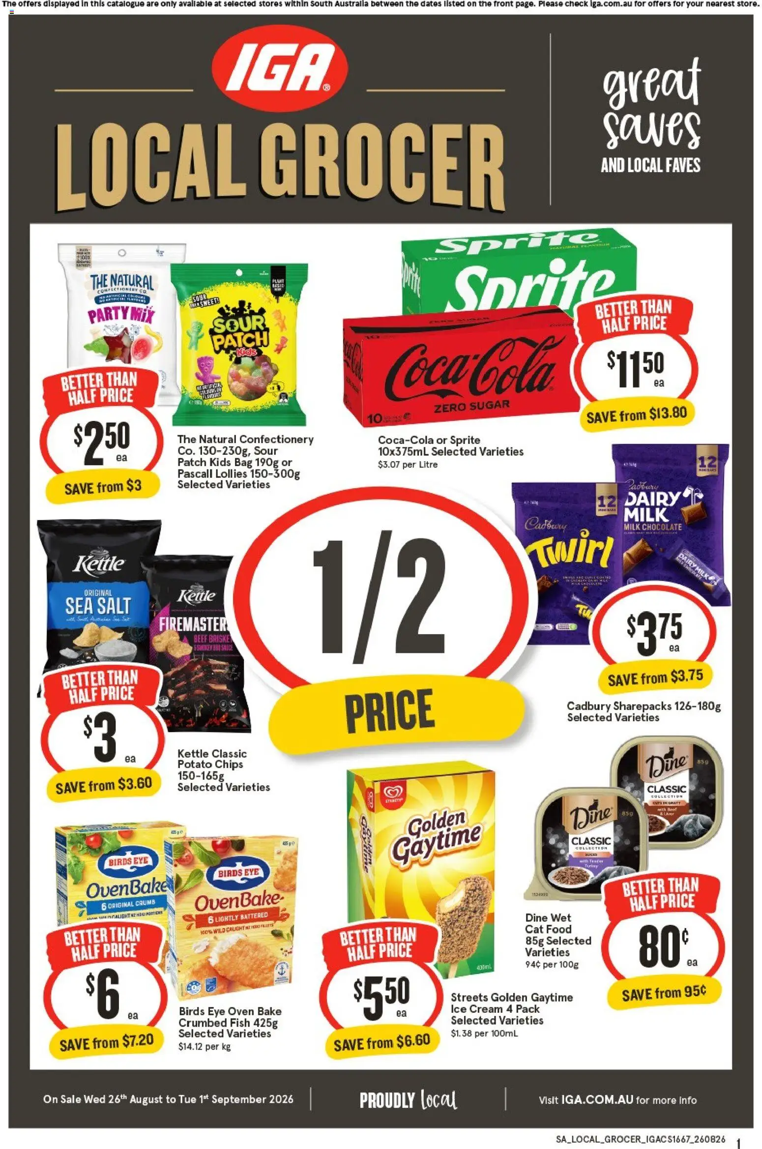 Preview of catalogue IGA Local Grocer Adelaide from shop IGA valid 26/08/2026 - Food, Plant, Milk, Chocolate, Lollies, Cream, Salt, Sprite