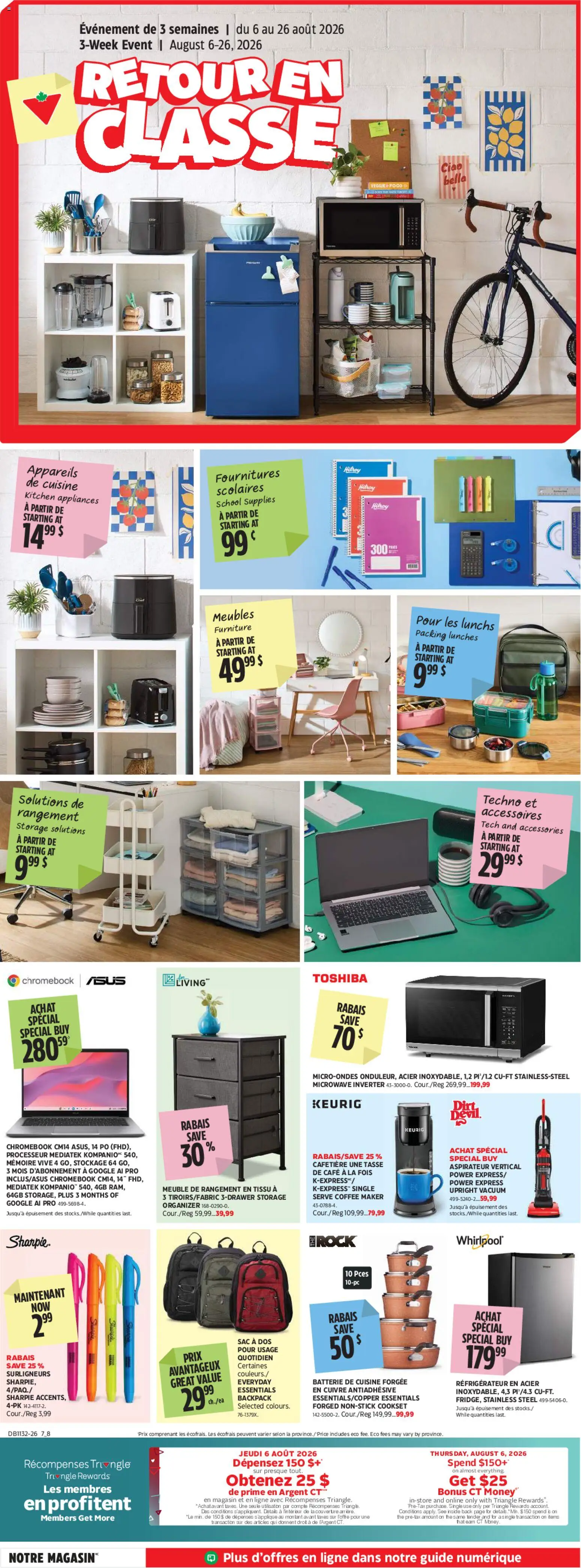 Preview of leaflet Canadian Tire circulaire - Retour en classe from shop Canadian Tire is valid from Aug 06, 2026 - Coffee, Food, Backpack, Hat, Coffee maker