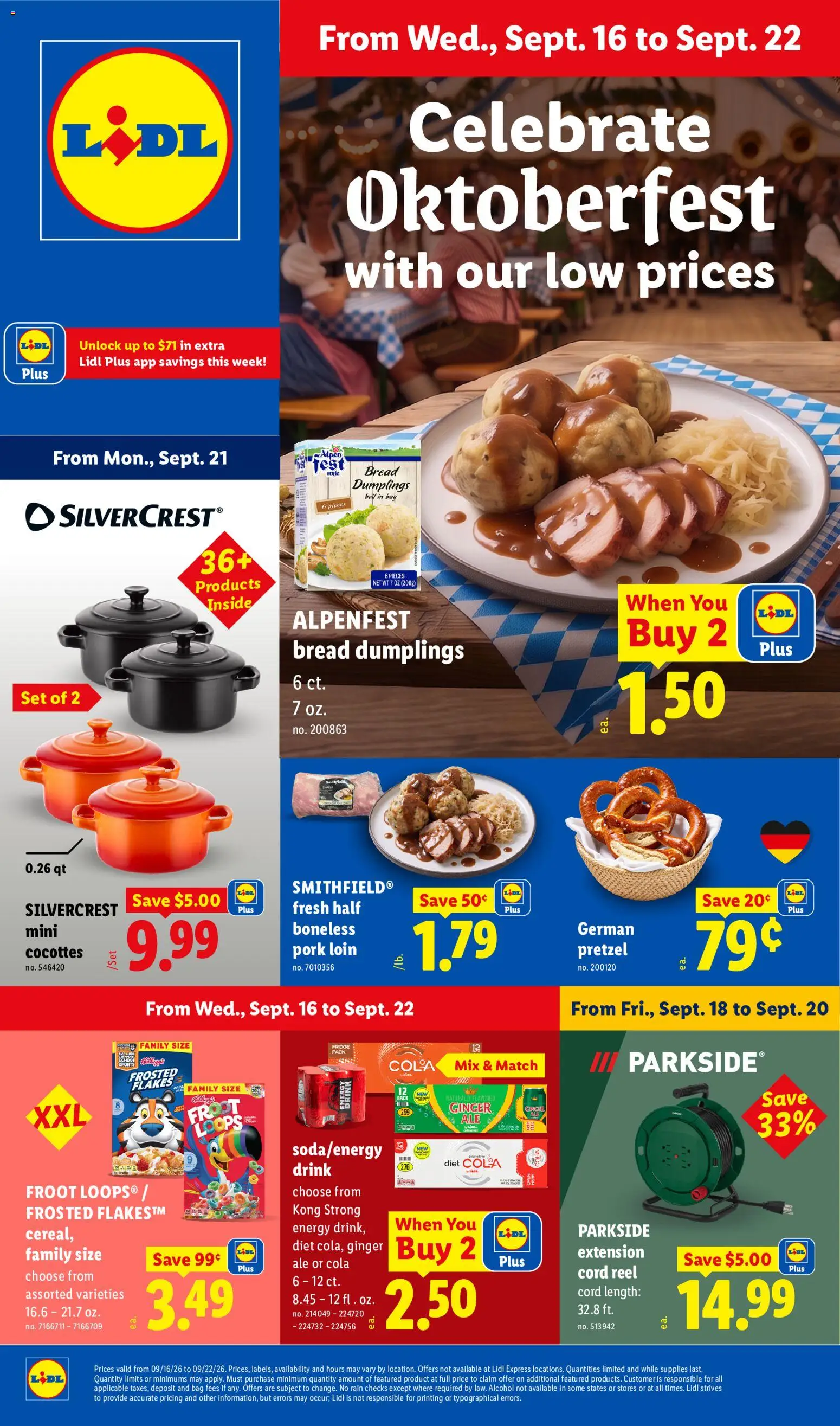 Ad Preview of Lidl Lidl Weekly Ad from 09/16/2026 - Alcohol, Dumplings, Bread, Ginger, Bag, Pork, Pork loin, Flakes