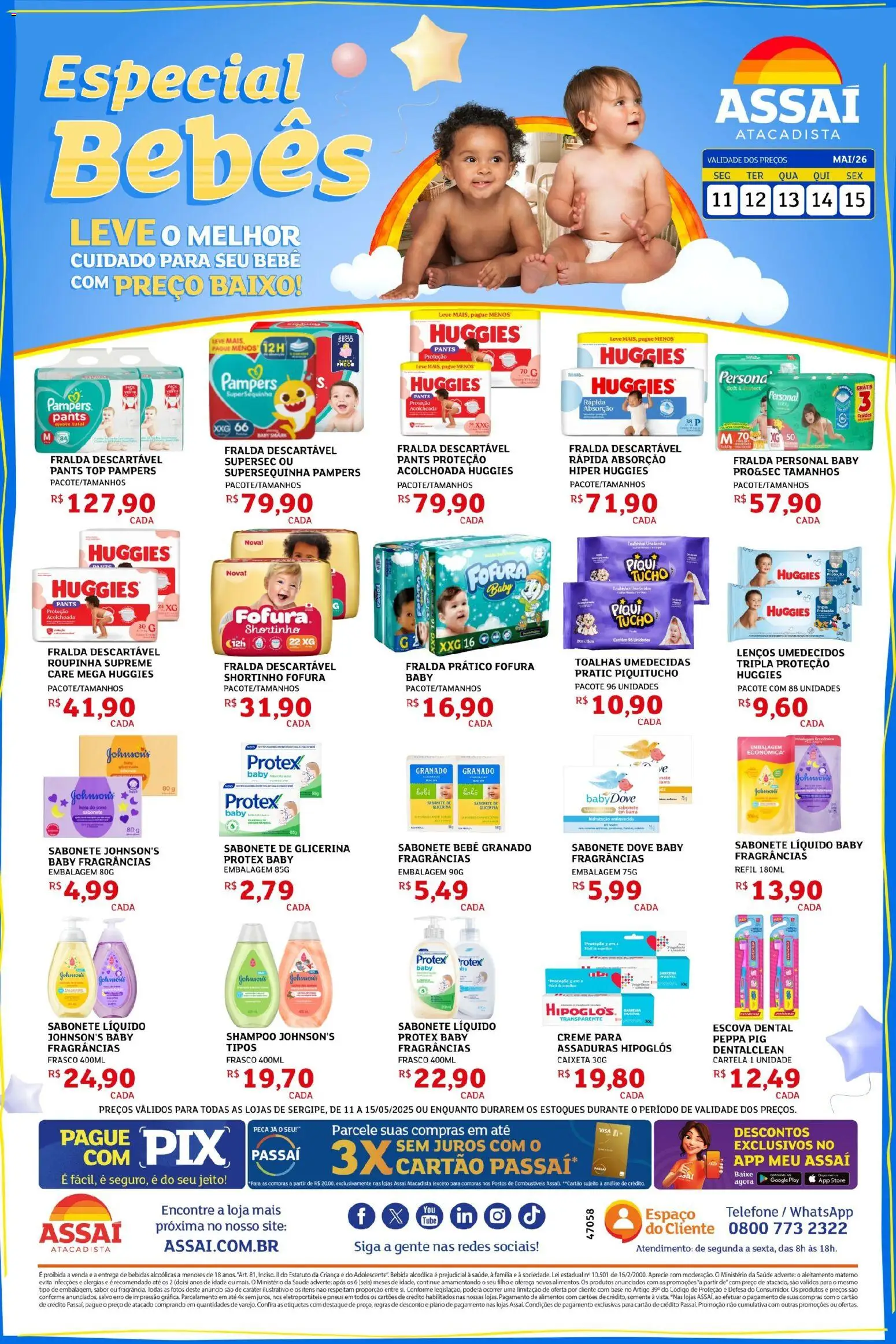 Pré-Visualização do folheto "Assaí Atacadista ofertas - SE" da loja Assaí Atacadista válido a partir de 11/05/2026 - Telefone, Shampoo, Bebidas, Pneus, Base, Hipoglós, Pampers, Alimentos