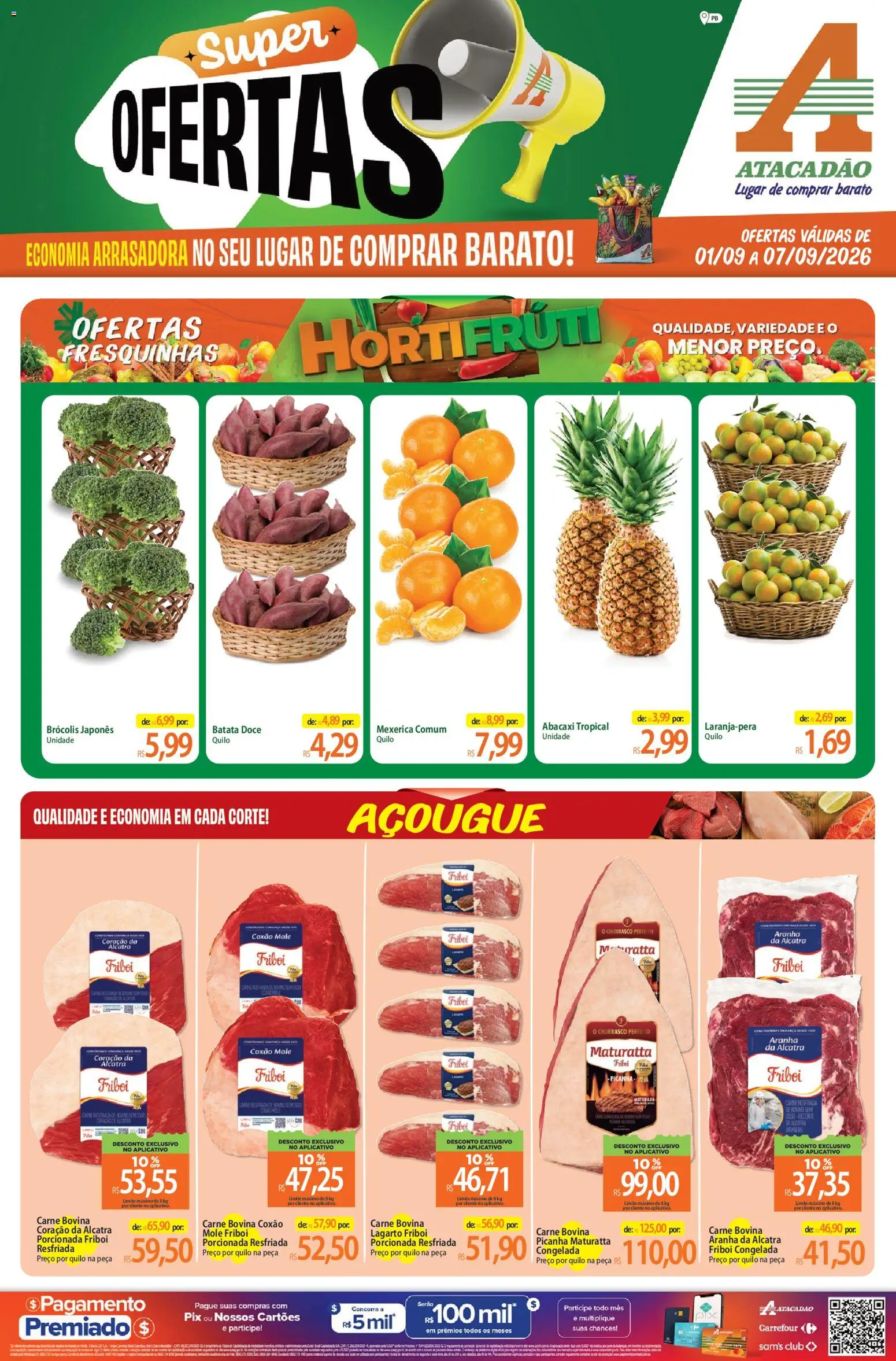 Pré-Visualização do folheto "Atacadão ofertas - PB" da loja Atacadão válido a partir de 01/09/2026 - Abacaxi, Brócolis, Carne, Doce, Batata, Alcatra, Aranha da alcatra, Coxão mole
