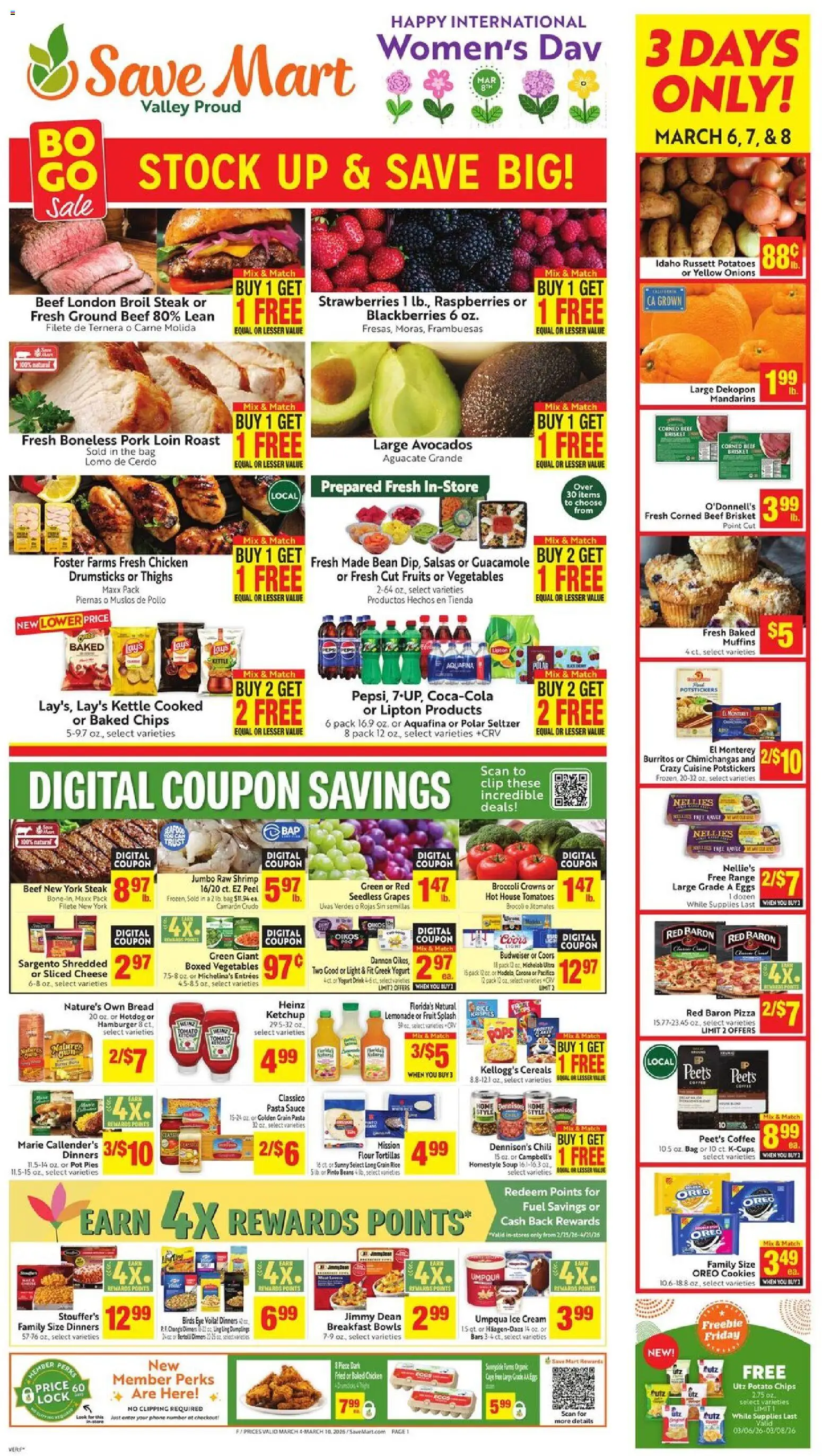 Ad Preview of Save Mart Save Mart Weekly Ad from 03/04/2026 - Broccoli, Guacamole, Grapes, Bag, Pork, Muffins, Pork loin, Drumsticks