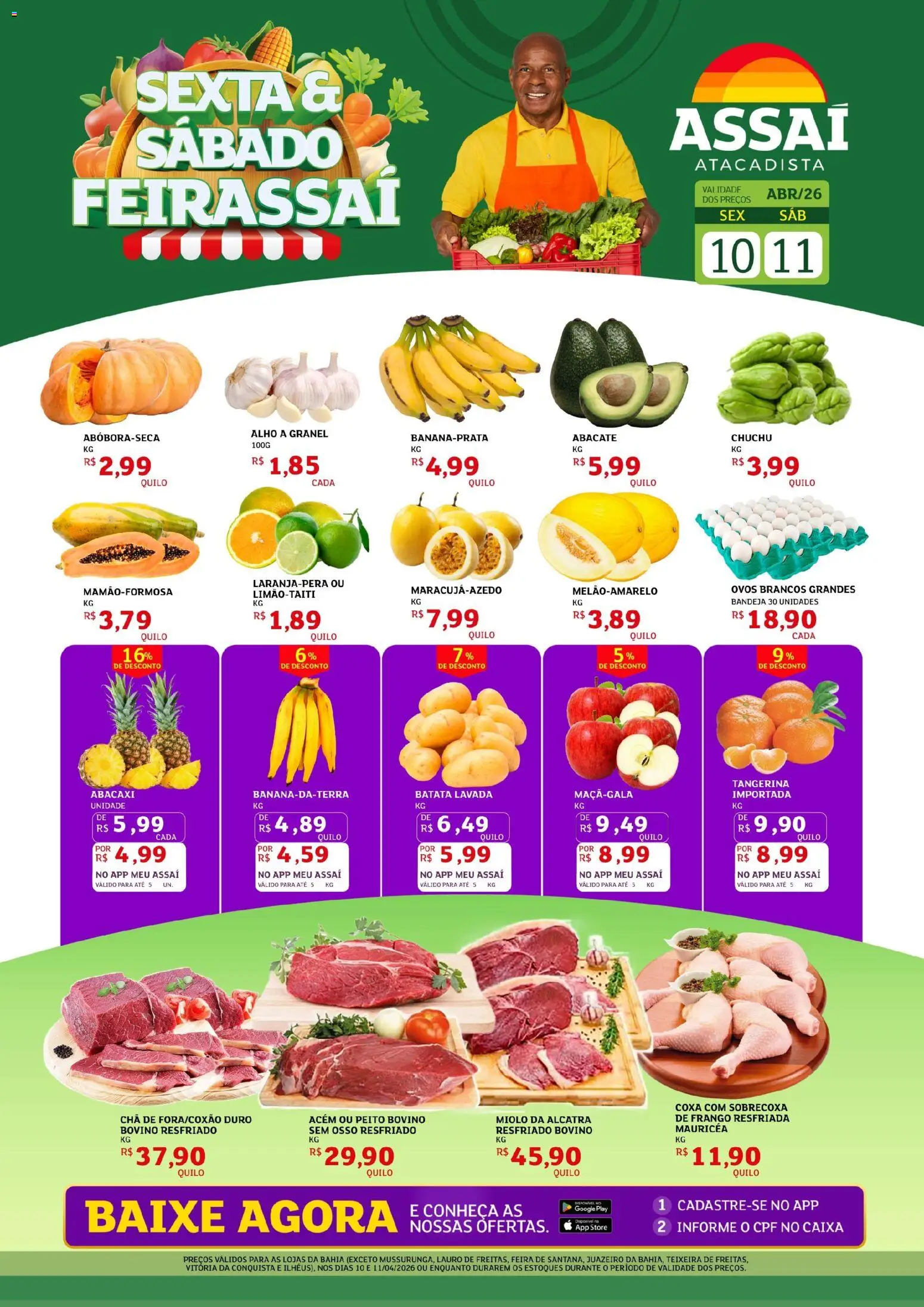 Pré-Visualização do folheto "Assaí Atacadista ofertas - BA" da loja Assaí Atacadista válido a partir de 10/04/2026 - Abacaxi, Batata, Frango, Abacate, Chá, Bandeja, Alho, Acém