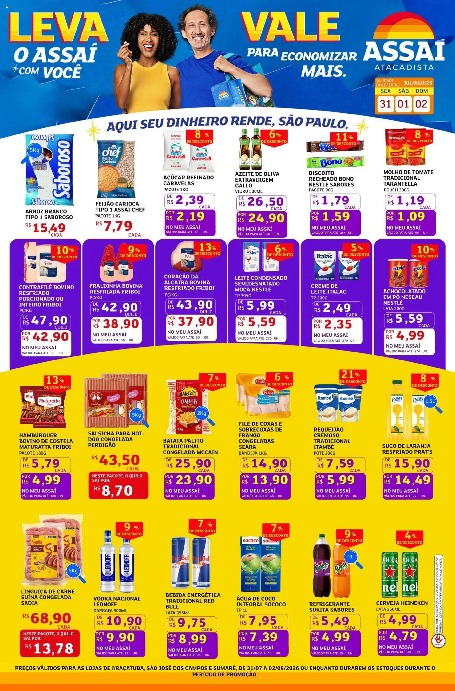 Pré-Visualização do folheto "Assaí Atacadista ofertas - SP" da loja Assaí Atacadista válido a partir de 31/07/2026 - Coco, Água de coco, Salsicha, Vodka, Tomate, Nescau, Suco de laranja, Bebida energética