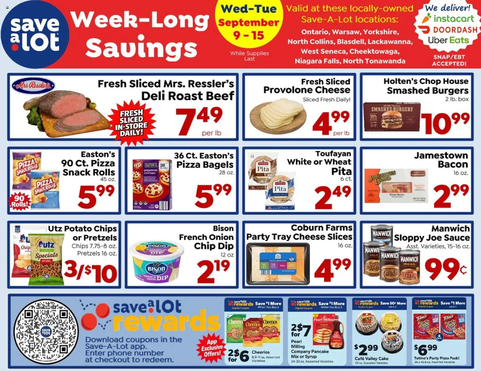 Ad Preview of Save a Lot Save a Lot Ad from 09/09/2026 - Cake, Box, Phone, Bacon, Beef, Potato chips, Sauce, Syrup
