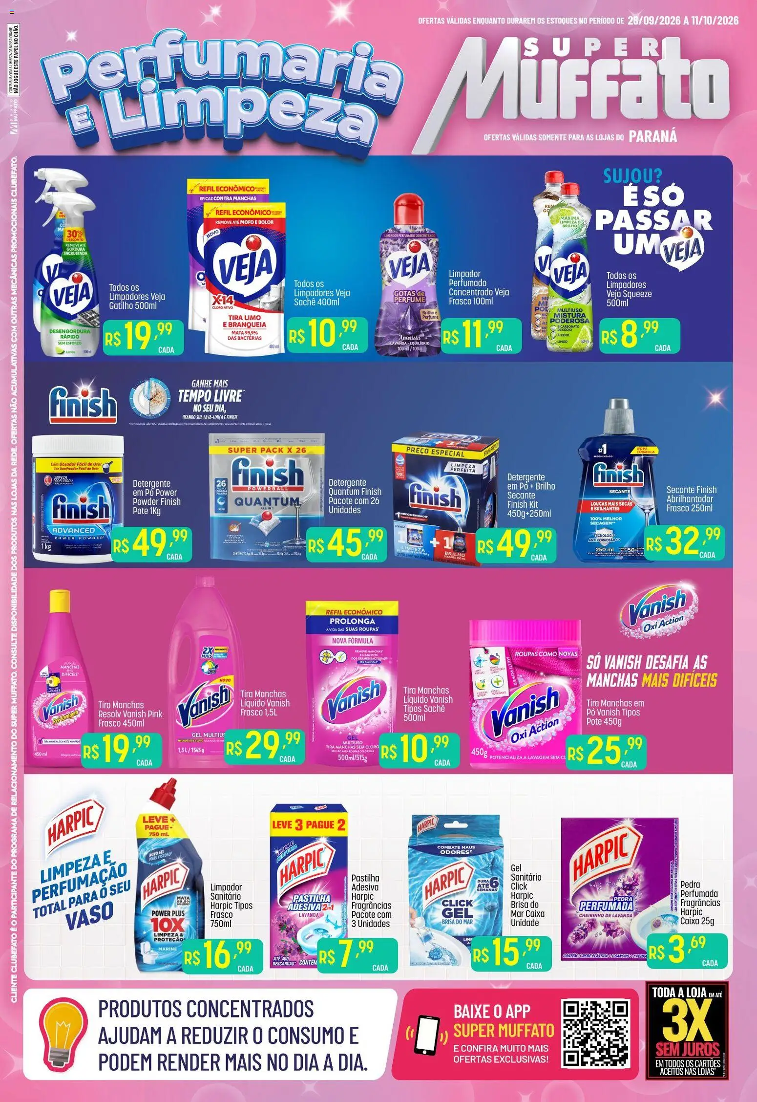 Pré-Visualização do folheto "Super Muffato ofertas Exclusivas Perfumaria e Limpeza" da loja Super Muffato válido a partir de 28/09/2026 - Caixa, Perfume, Roupas, Álcool, Detergente, Pó, Vaso, Tira manchas
