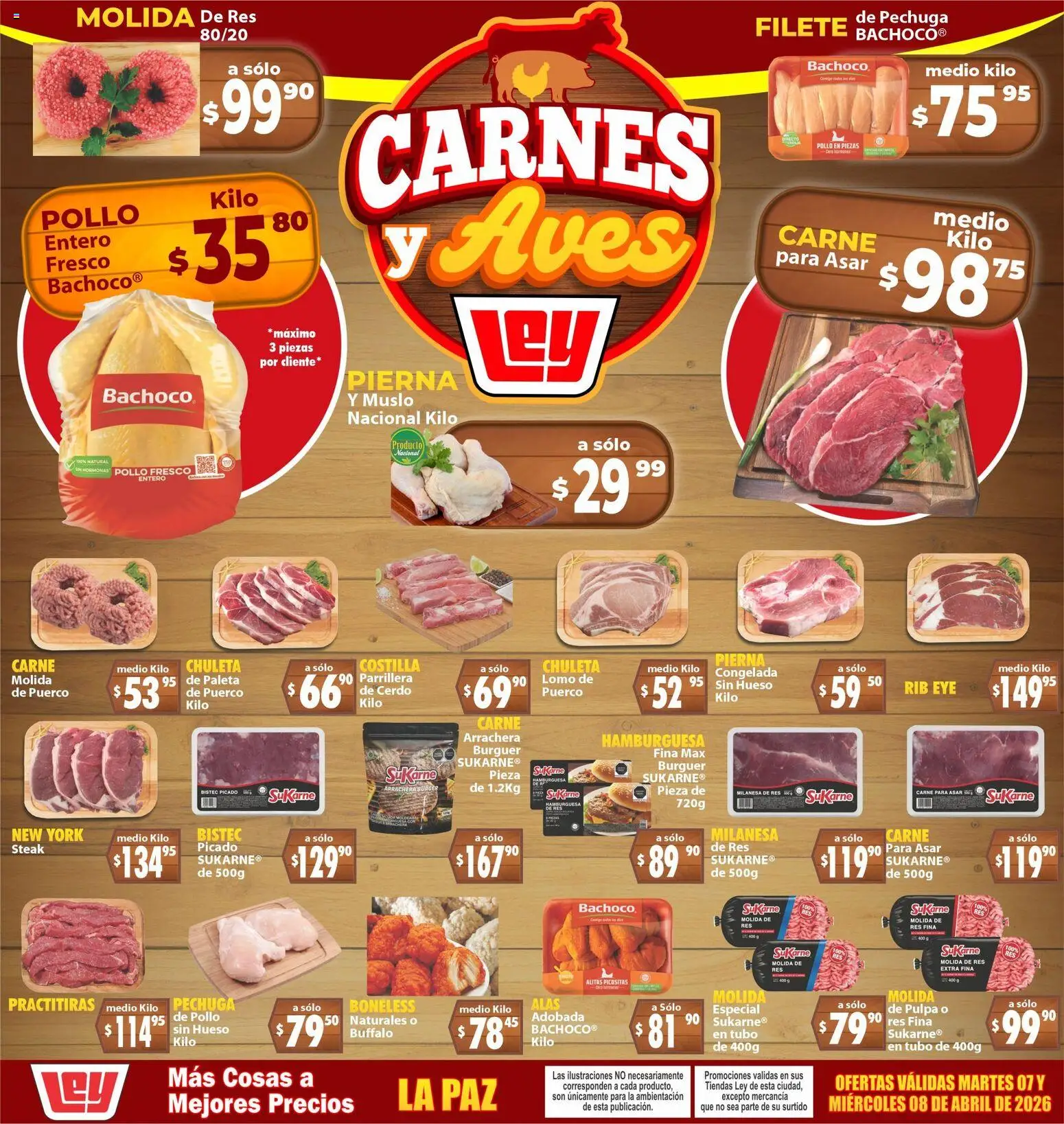 Vista previa las ofertas de la tienda Casa Ley - Casa Ley folleto Carnes y Aves La Paz desde el 07/04/2026 - Hamburguesa, Pollo, Bistec, Milanesa, Res, Chuleta, Carne para asar, Filete