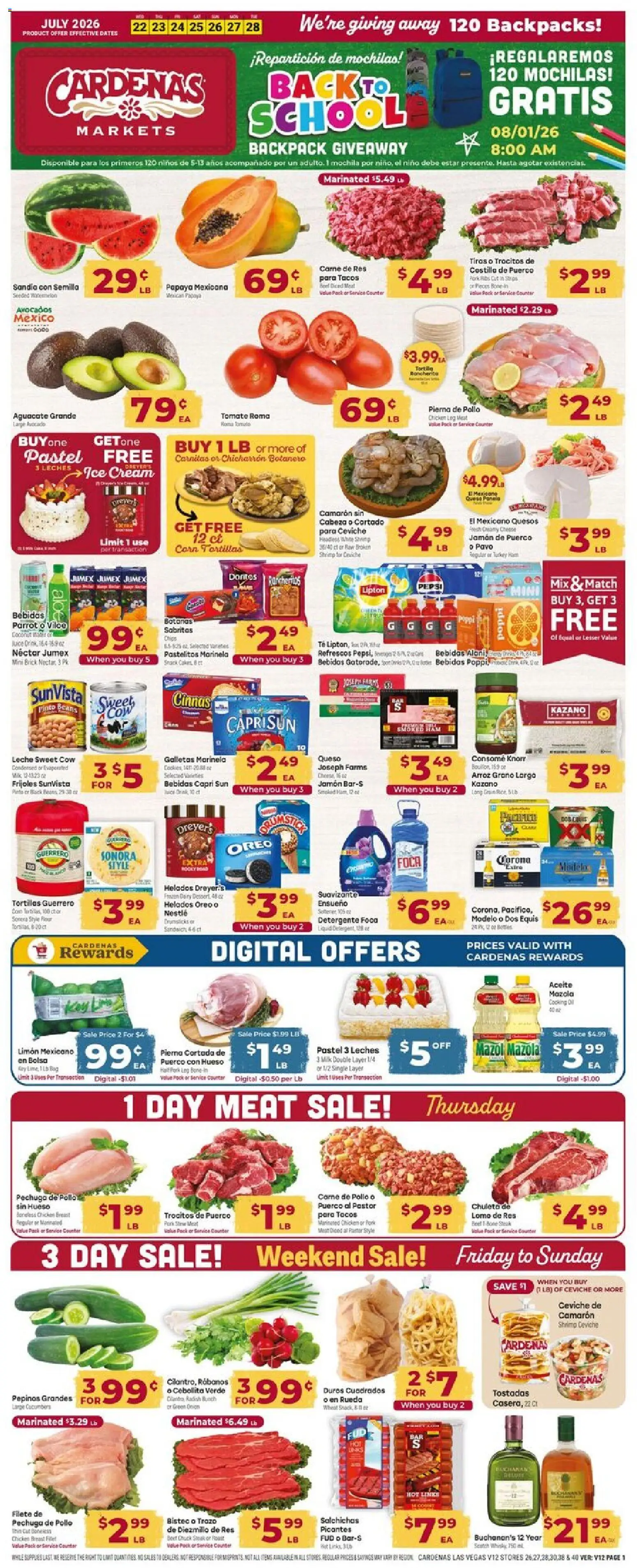 Ad Preview of Cardenas Cardenas Weekly Ad from 07/22/2026 - Avocado, Corn, Oreo, Beans, Ham, Beef, Tortillas, Pork