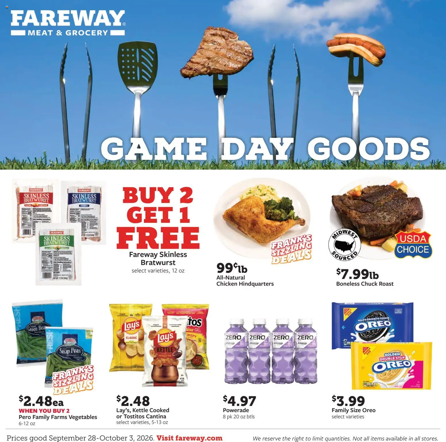 Ad Preview of Fareway Fareway Weekly Ad from 09/28/2026 - Game, Chips, Vegetables, Meat, Oreo, Bratwurst, Kettle, Chicken