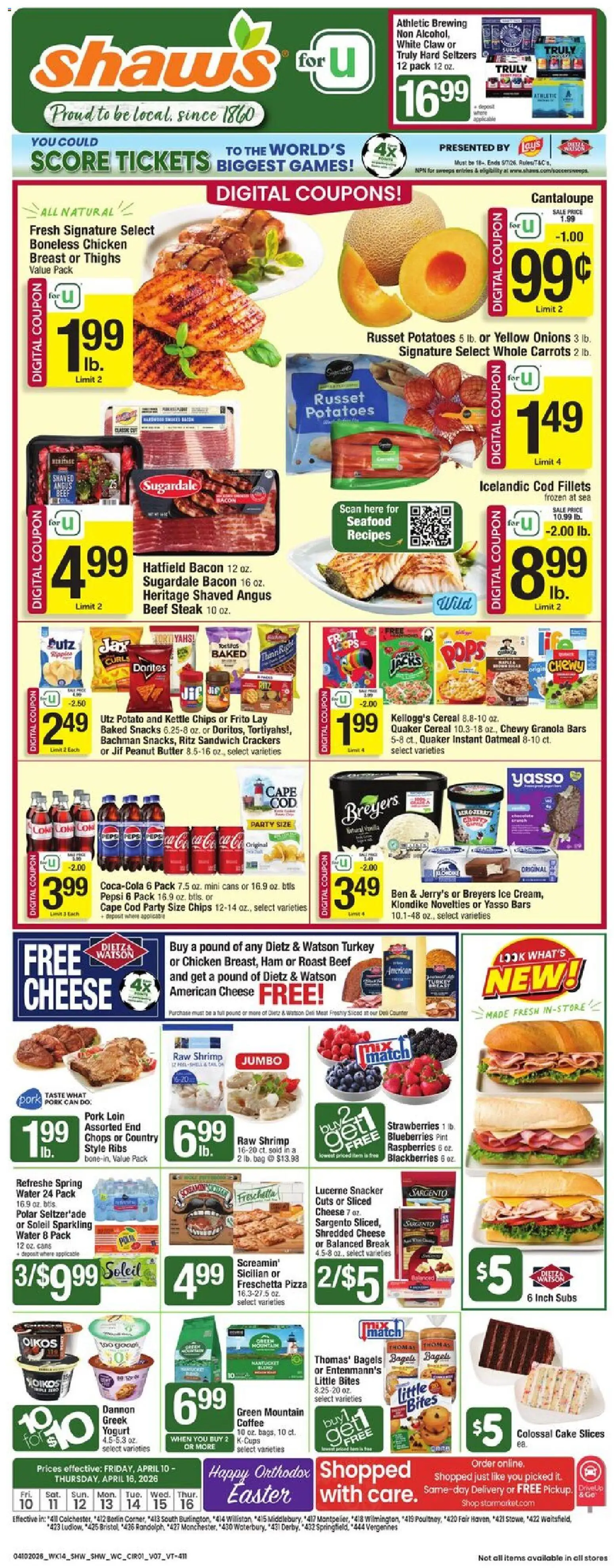 Ad Preview of Shaw's Shaw's Weekly Ad - VT from 04/10/2026 - Coffee, Seafood, Cake, Ice, Potatoes, Yogurt, Butter, Greek yogurt
