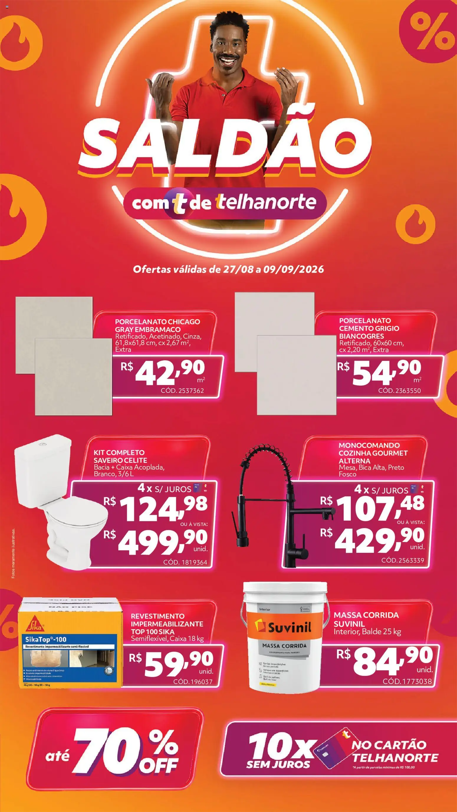 Pré-Visualização do folheto "Telhanorte - Ofertas atuais" da loja Telhanorte válido a partir de 27/08/2026 - Caixa, Porcelanato, Massa corrida, Impermeabilizante, Massa, Balde