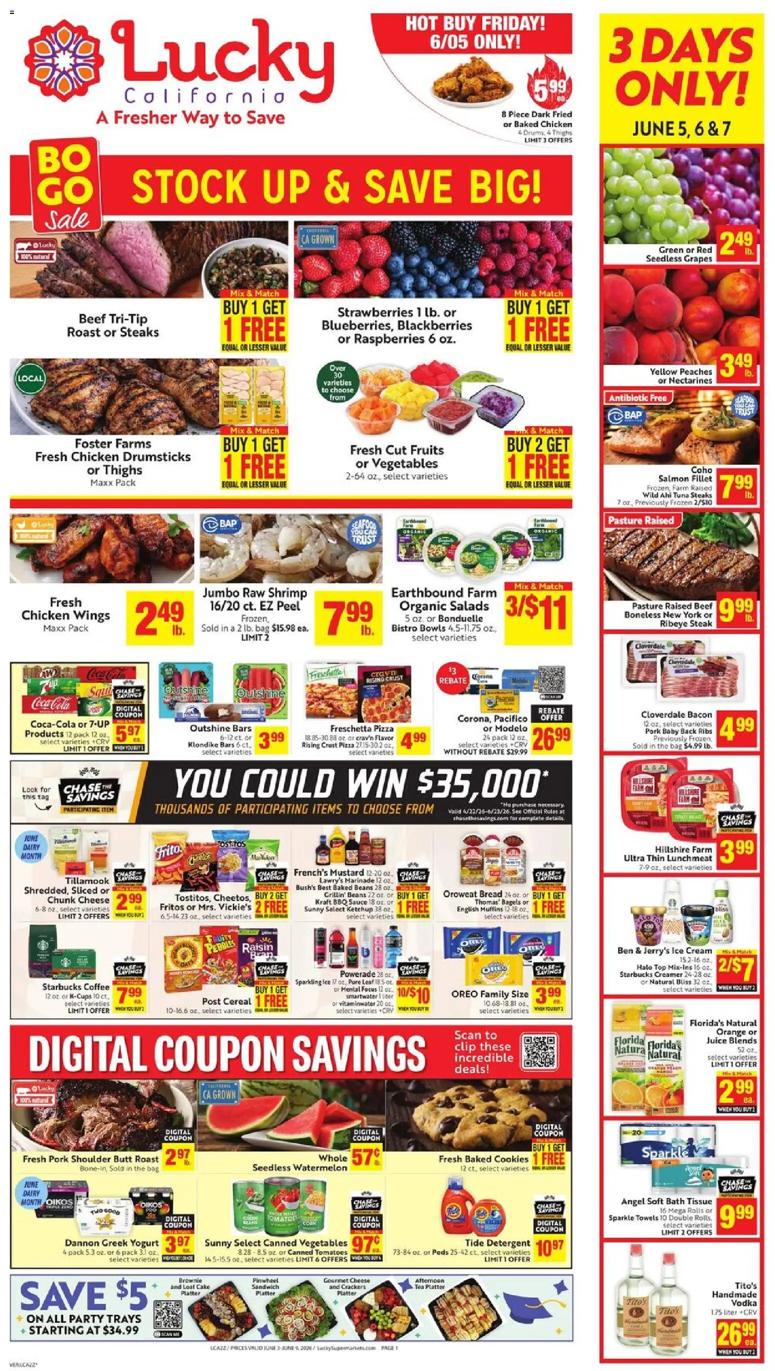 Ad Preview of Lucky Supermarkets Lucky Supermarkets Weekly - AK from 06/03/2026 - Cookies, Yogurt, Tomatoes, Bacon, Beef, Bag, Crackers, Seedless grapes