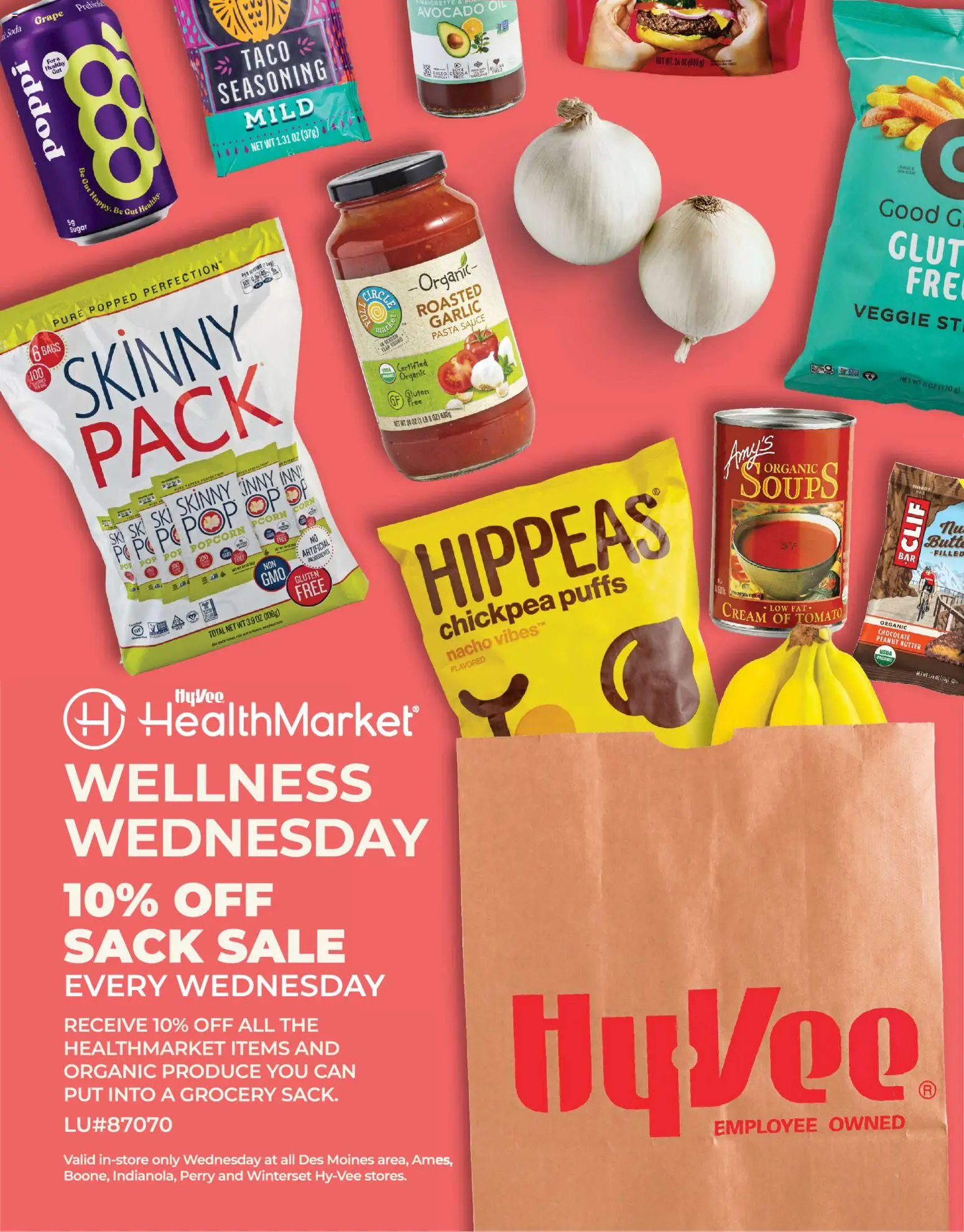 Ad Preview of HyVee Wellness Wednesdays - Sack Sale from 01/07/2026 - Chocolate, Avocado, Tomato, Corn, Peanut butter, Cream, Garlic, Sauce