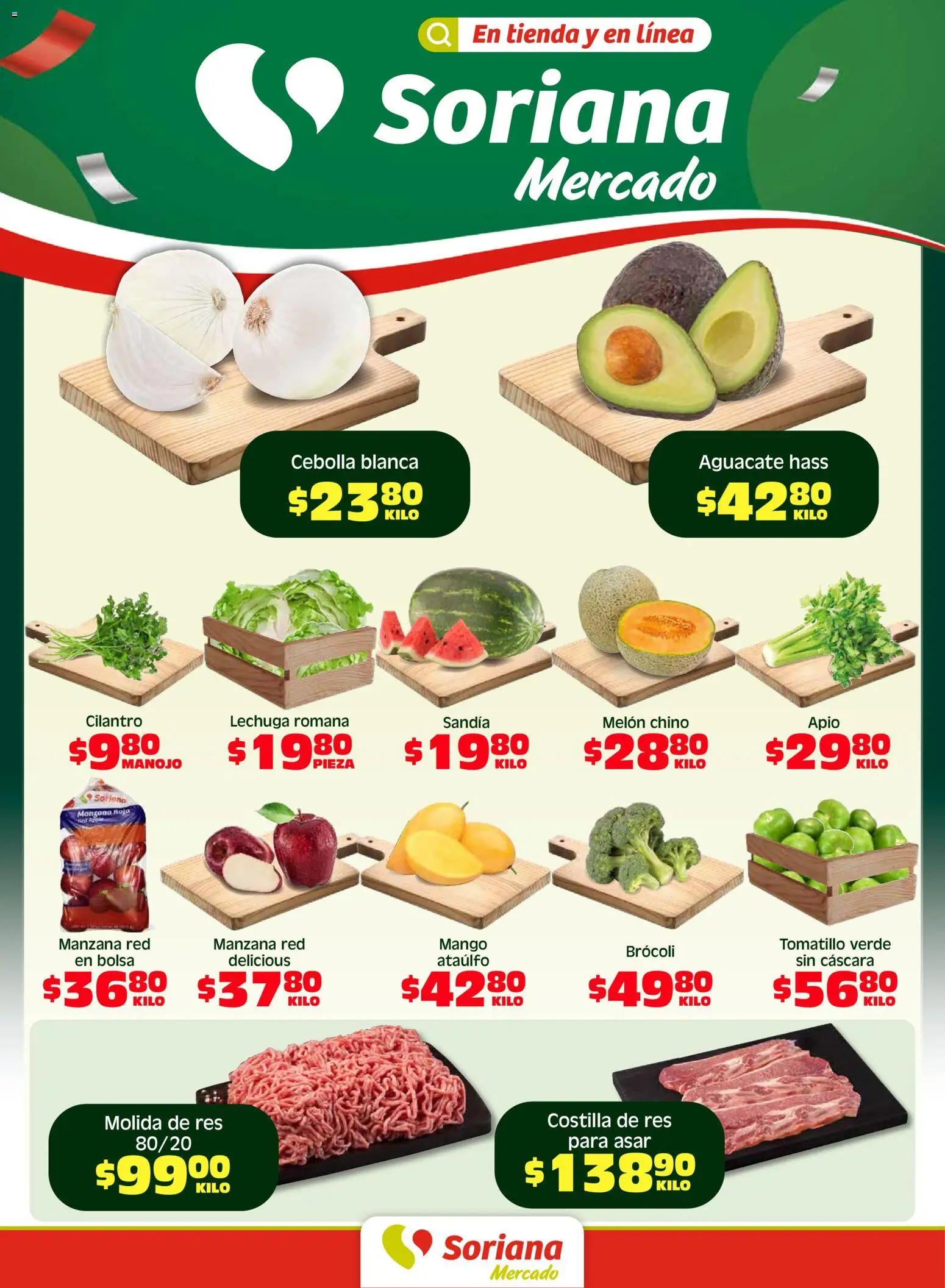 Vista previa las ofertas de la tienda Soriana - Soriana Fin de Semana Mercado: BCS, Son y Sin desde el 10/04/2026 - Mango, Bolsa, Sandía, Brocoli, Lechuga romana, Apio, Res, Melón