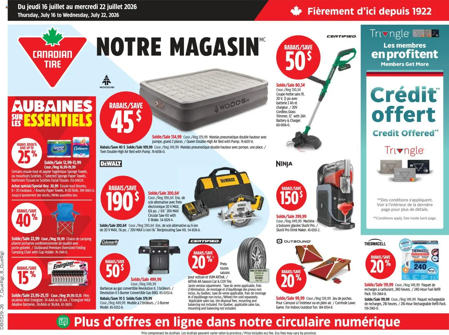 Preview of leaflet Canadian Tire circulaire from shop Canadian Tire is valid from Jul 16, 2026 - Bed, Battery, Chair, Camping chair, Sponge, Tissues