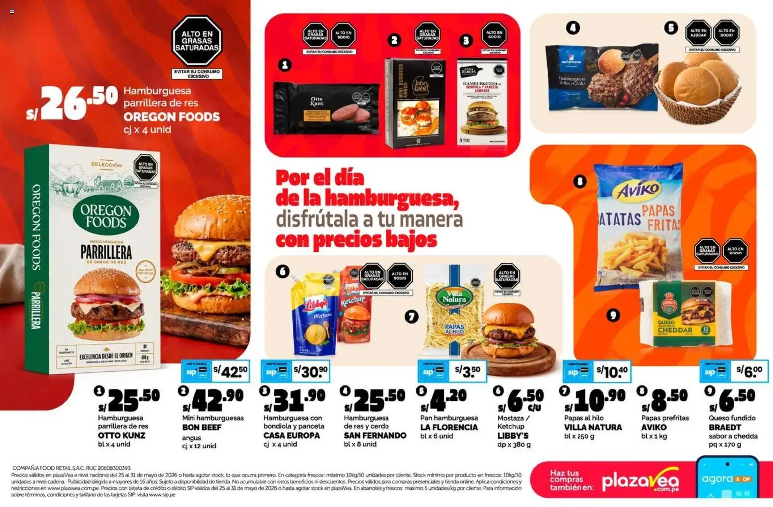 Vista previa de Catálogo Plaza Vea - AVISO DIA DE LA HAMBURGUESA de la tienda Plaza Vea válido desde 25/05/2026 - Papas, Hamburguesa, Queso, Pan, Carne, Queso Cheddar, Carne de res, Kétchup