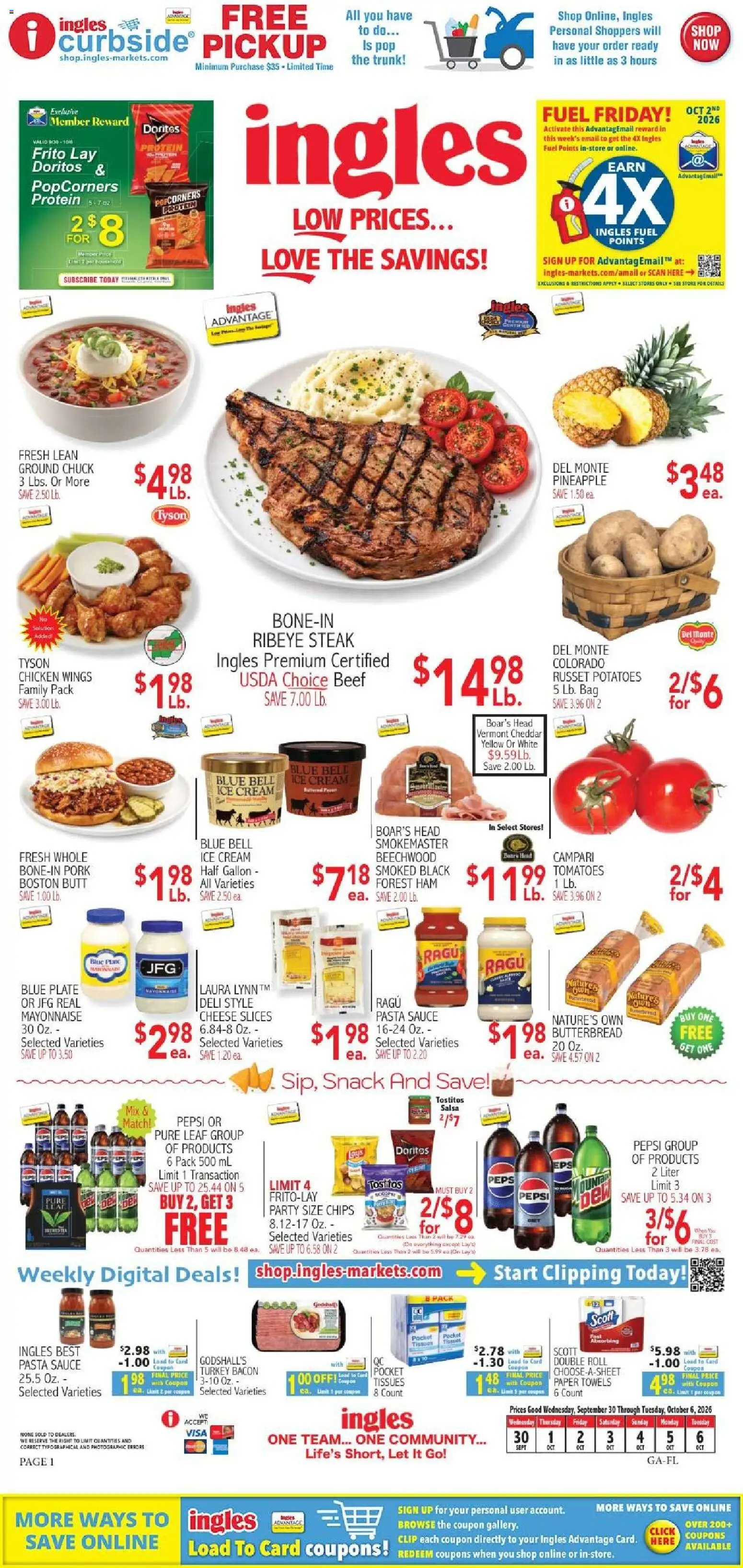 Ad Preview of Ingles Ingles Weekly Ad from 09/30/2026 - Pasta, Steak, Tomatoes, Pepsi, Beef, Pork, Mayonnaise, Paper towels
