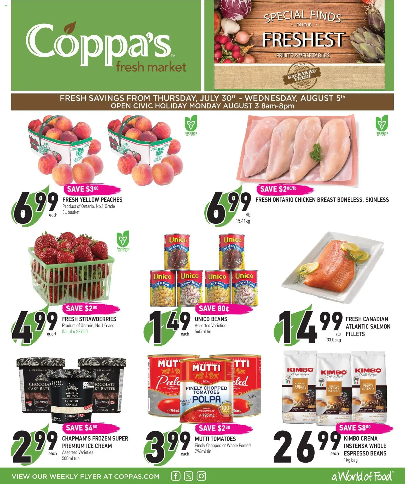 Preview of leaflet Coppas Fresh Market weekly flyer / circulaire from shop Coppas Fresh Market is valid from Jul 30, 2026 - Strawberries, Bag, Peaches, Tomatoes, Vanilla, Roast, Chicken breast, Basket