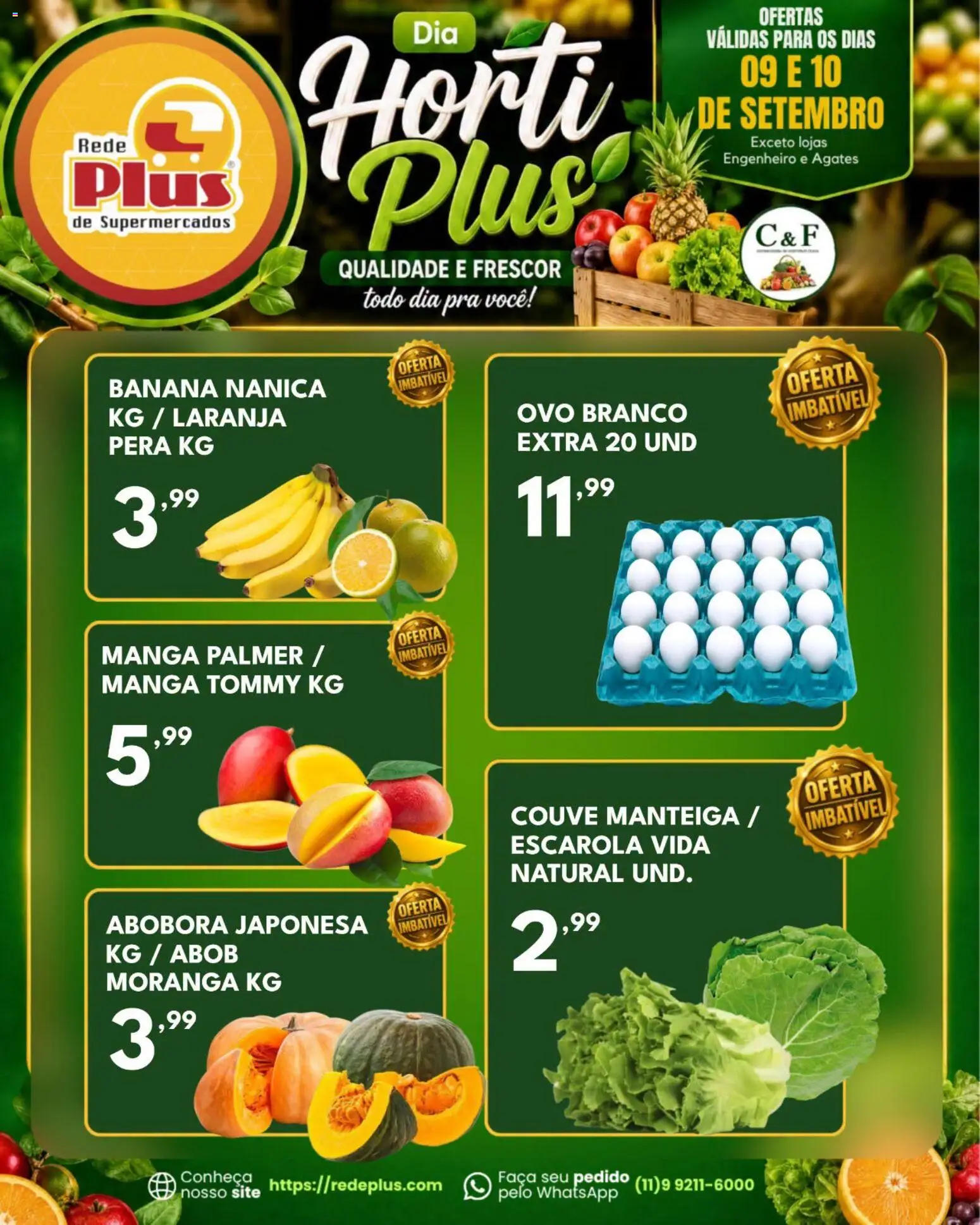 Pré-Visualização do folheto "Rede Plus Supermercados - Ofertas da semana" da loja Rede Plus Supermercados válido a partir de 09/09/2026 - Manga, Moranga, Abóbora, Pera, Manteiga, Couve, Faca