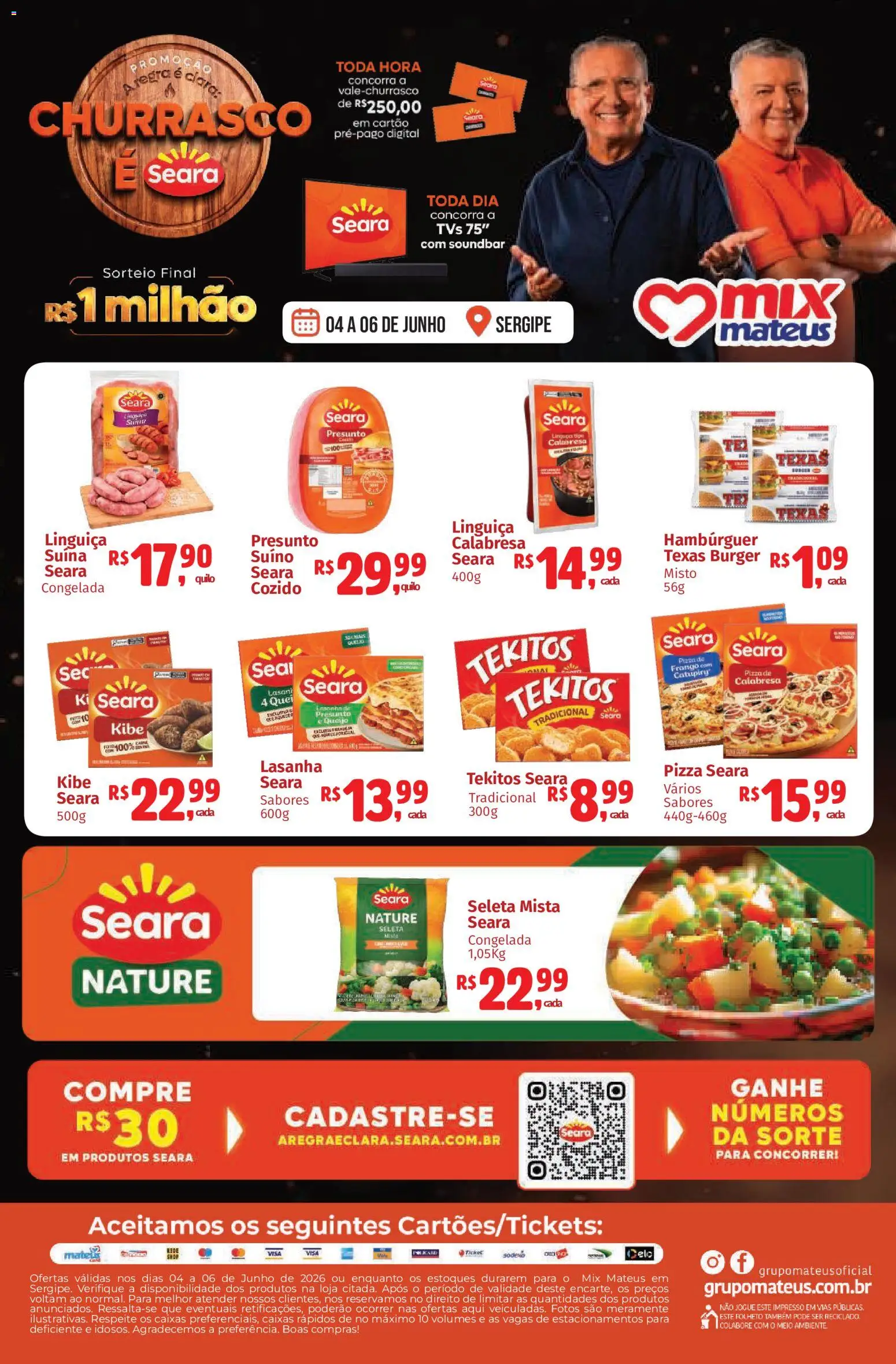 Pré-Visualização do folheto "Mateus ofertas Especial Seara" da loja Mateus válido a partir de 04/06/2026 - Pizza, Hambúrguer, Lasanha, Soundbar, Queijo, Frango, Linguiça, Presunto