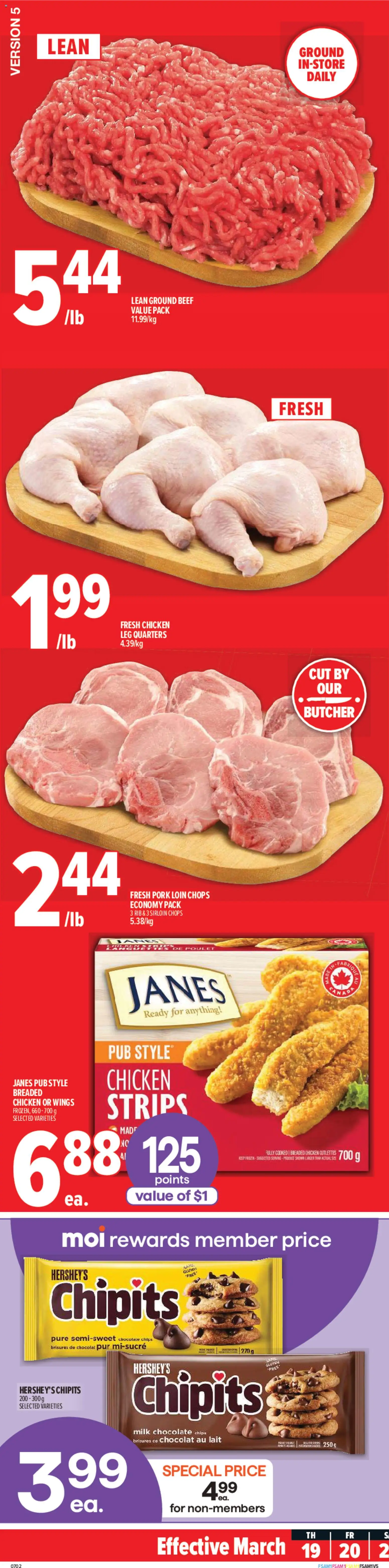 Preview of leaflet Metro weekly flyer - Québec from shop Metro is valid from Mar 19, 2026 - Chicken, Chocolate, Chips, Beef, Pork, Ground beef, Strips, Pork loin