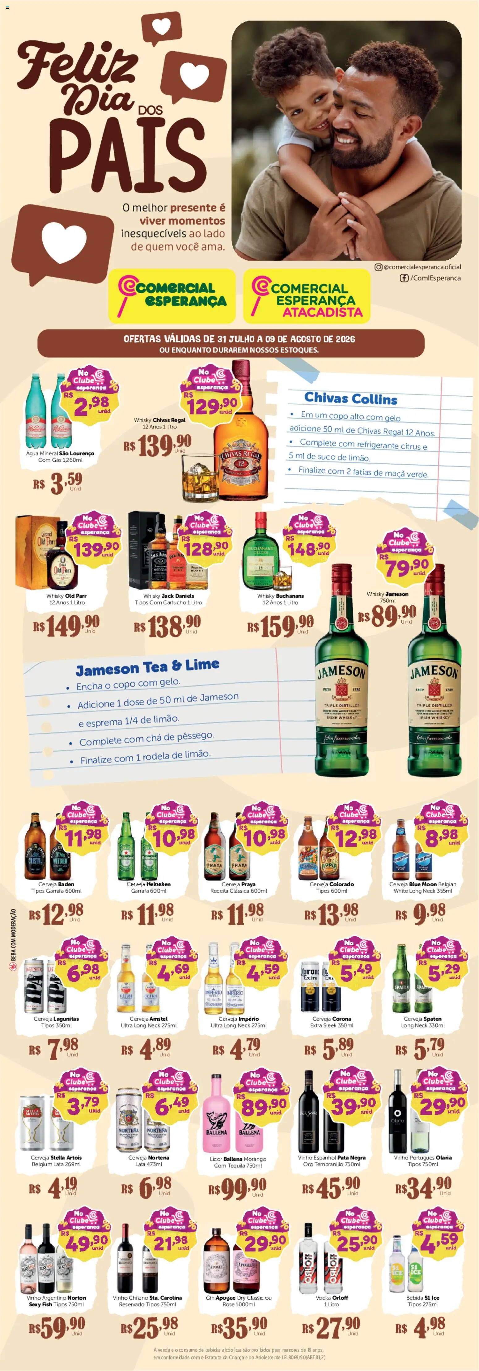 Pré-Visualização do folheto "Comercial Esperança ofertas Dia dos Pais" da loja Comercial Esperança válido a partir de 31/07/2026 - Whisky, Bebida, Cerveja Heineken, Gelo, Chá, Cerveja Corona, Água mineral, Whisky Jameson