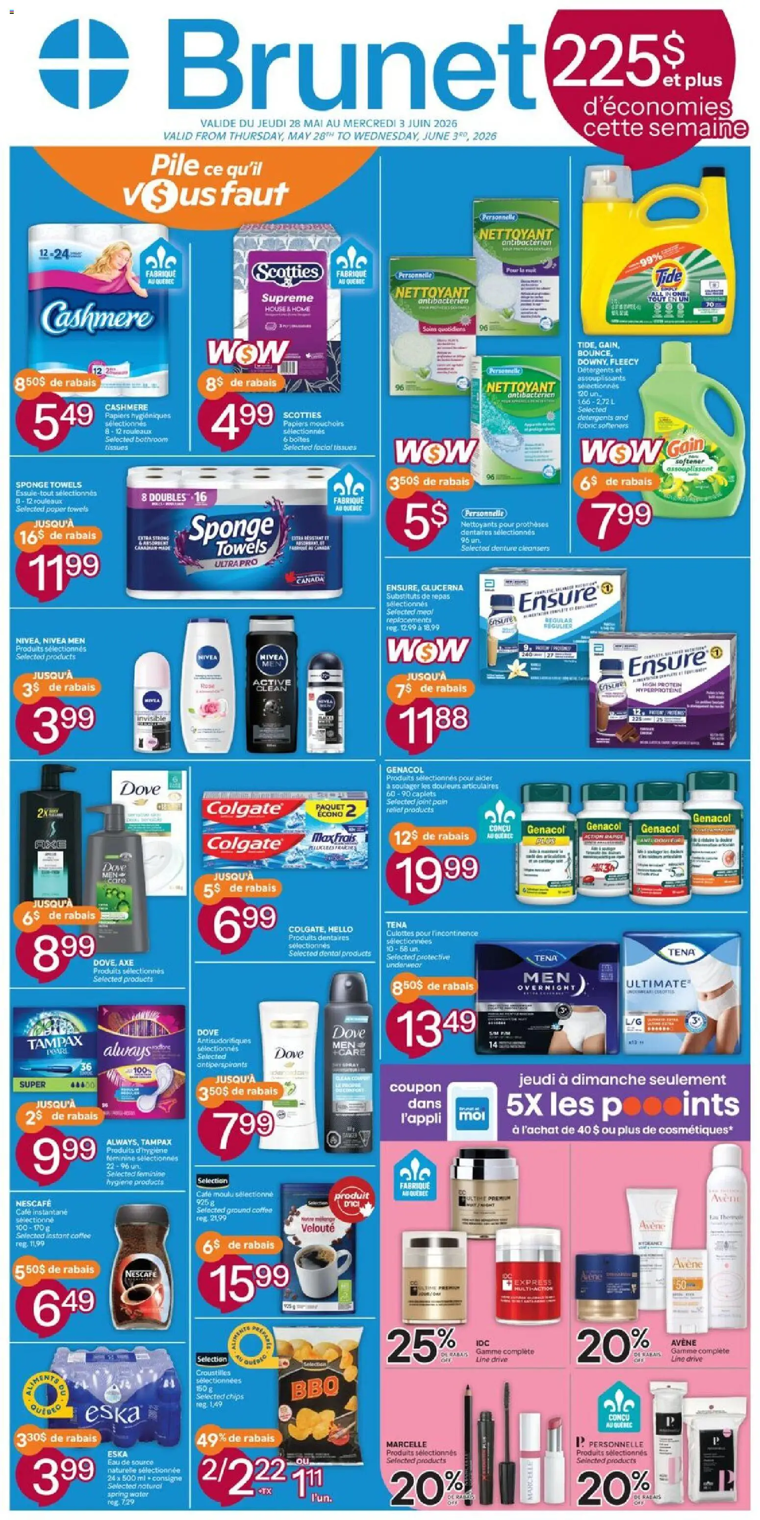 Preview of leaflet Brunet weekly flyer / circulaire from shop Brunet is valid from May 28, 2026 - Coffee, Chips, Protein, Spring water, Paper towels, Sponge, Tissues, Ground coffee